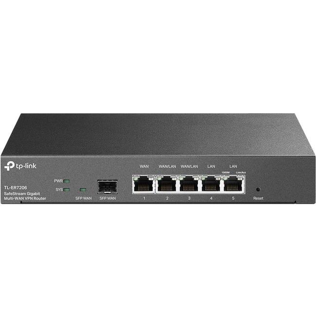 TP-Link TL-ER7206 SafeStream Gigabit Multi-WAN VPN Router

- WAN
- WAN/LAN 1
- WAN/LAN 2
- LAN 3
- LAN 4
- LAN 5

Ports:
- SFP WAN 1
- SFP WAN 2

Indicators:
- PWR
- SYS

Buttons:
- Reset

Link/Act indicators for LAN ports 1 to 5.