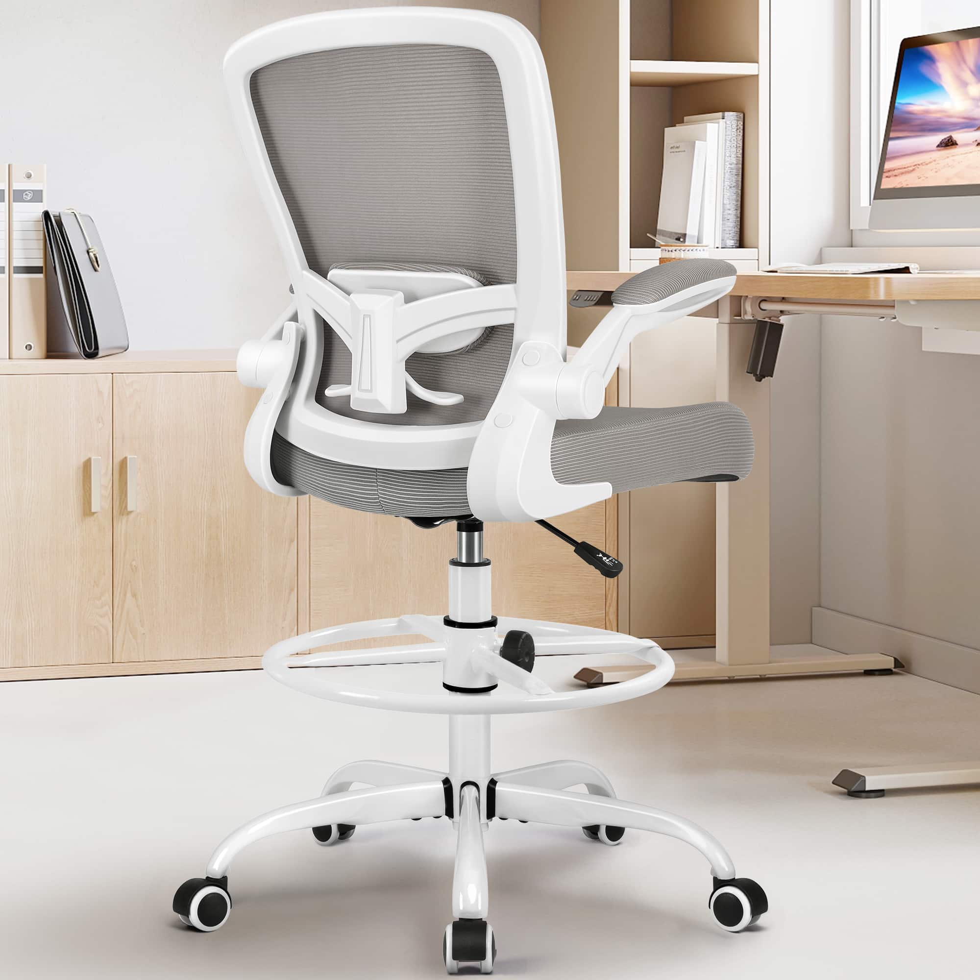 Front. Brick Attic - Drafting Chair, Tall Office Chair Ergonomic Desk Chair, Task Rolling Chair with Adjustable Flip-up Armrests Foot Ring - Grey.
