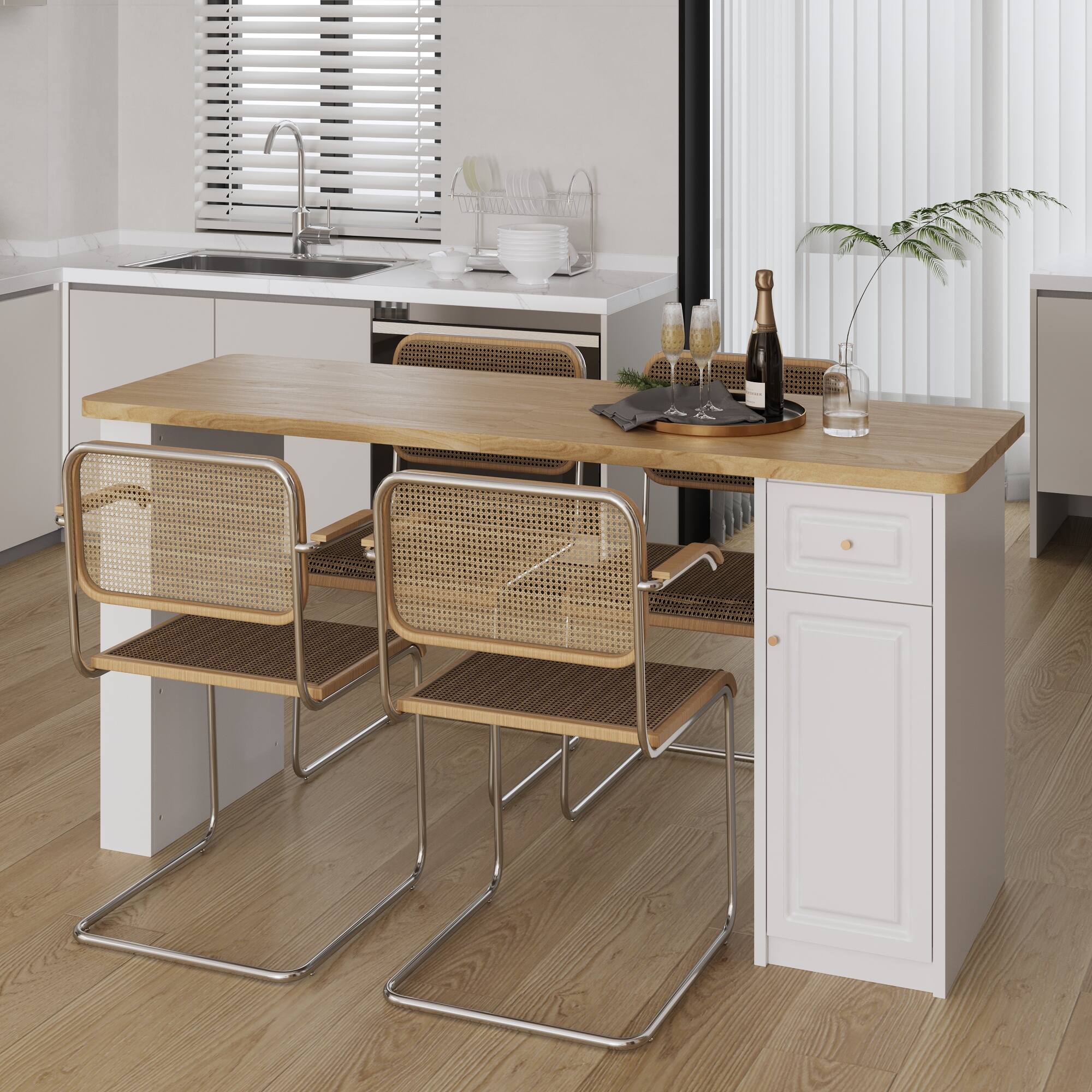 Famapy - Multi-Purpose Storage Table with Drawer and Cabinet, Kitchen Island, Laundry Room Organizer, Dining Utility Table - White & Wooden