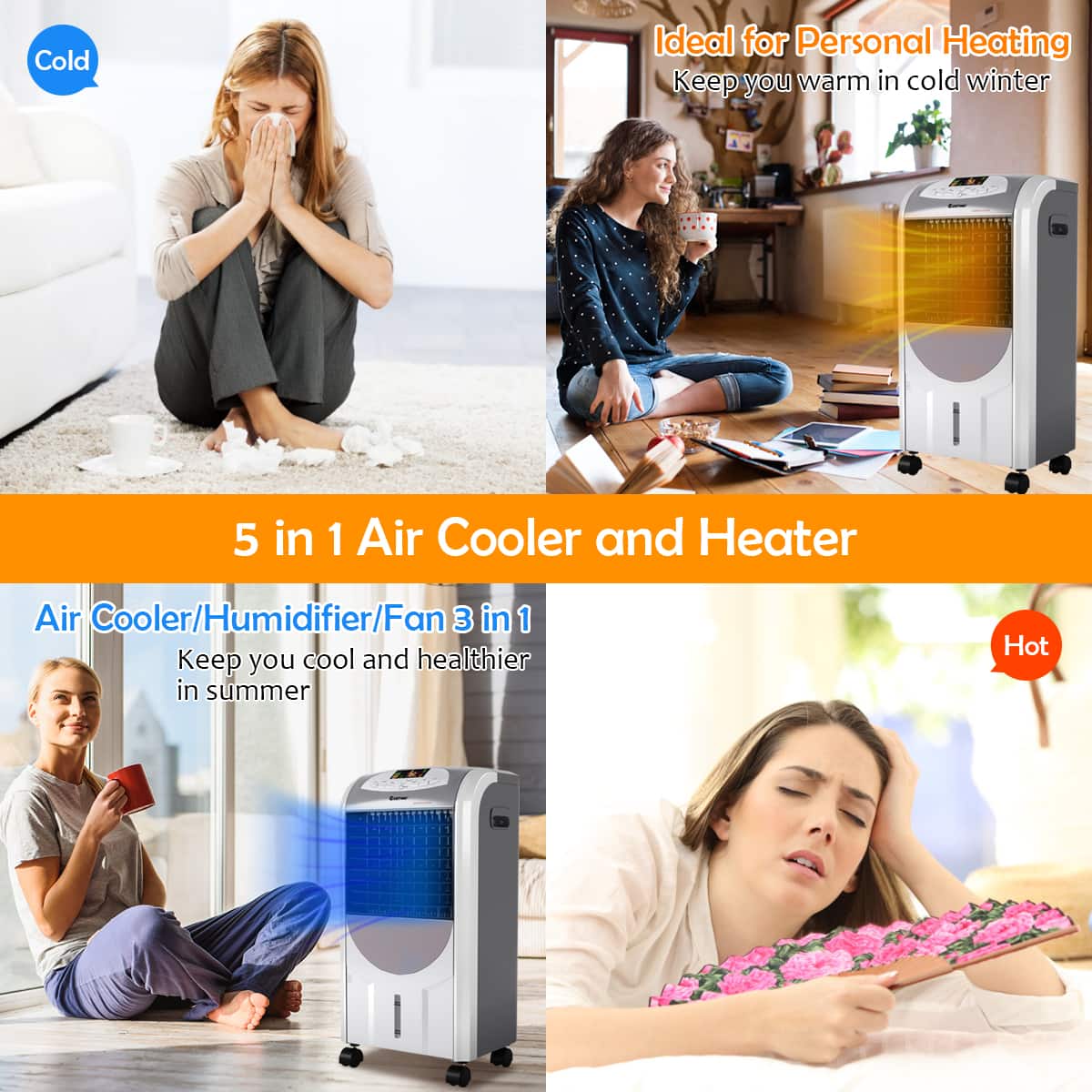 The text on the image is grouped and corrected as follows:
1. Ideal for Personal Heating: Keep you warm in cold winter
2. 5 in 1 Air Cooler and Heater: Air Cooler/Humidifier/Fan 3 in 1
3. Keep you cool and healthier in summer: Hot