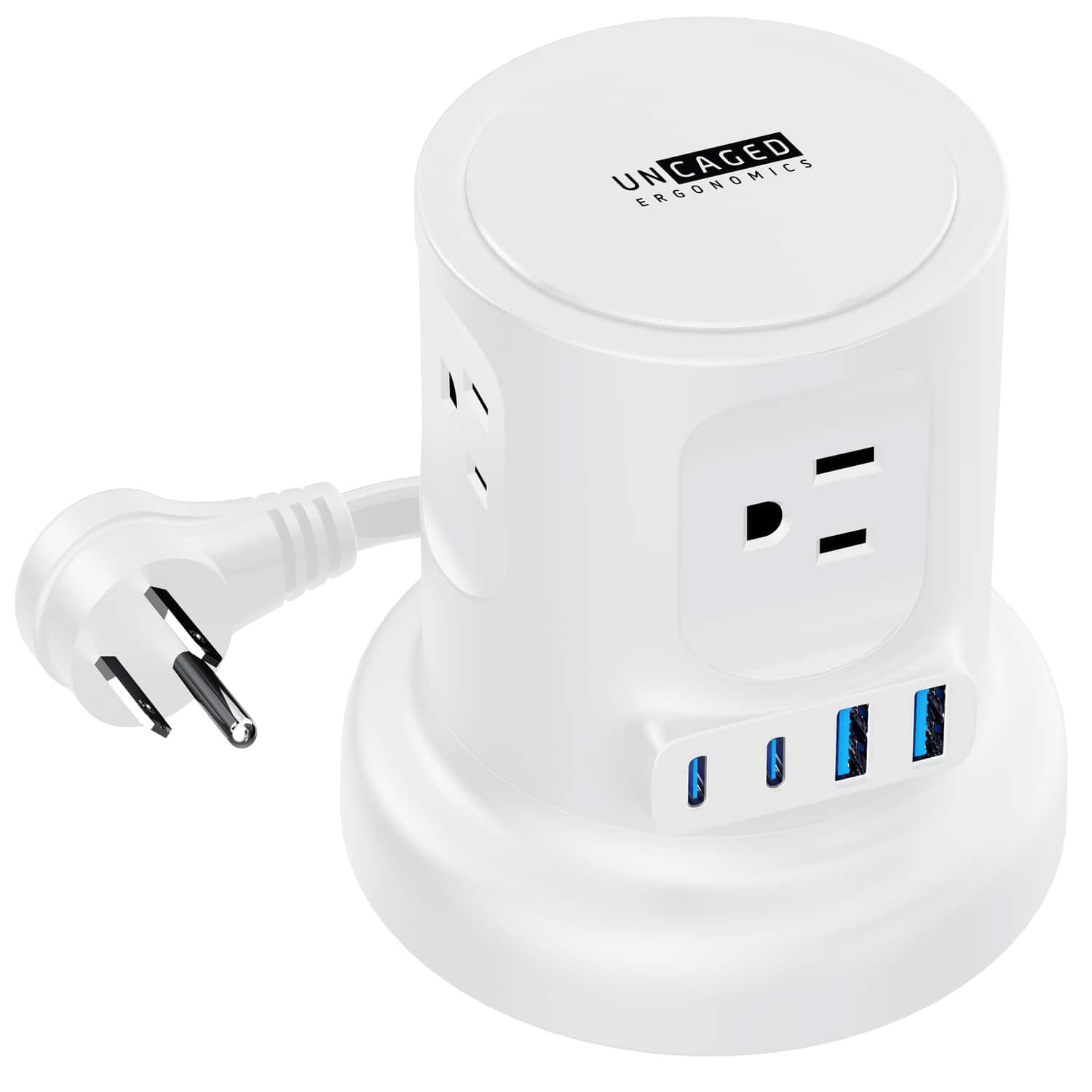 Uncaged Ergonomics - 4-AC Outlet 4-USB Port 320-Joule Retractable Cube Surge Protector, 6-Ft. Cord, Angled Plug - White
