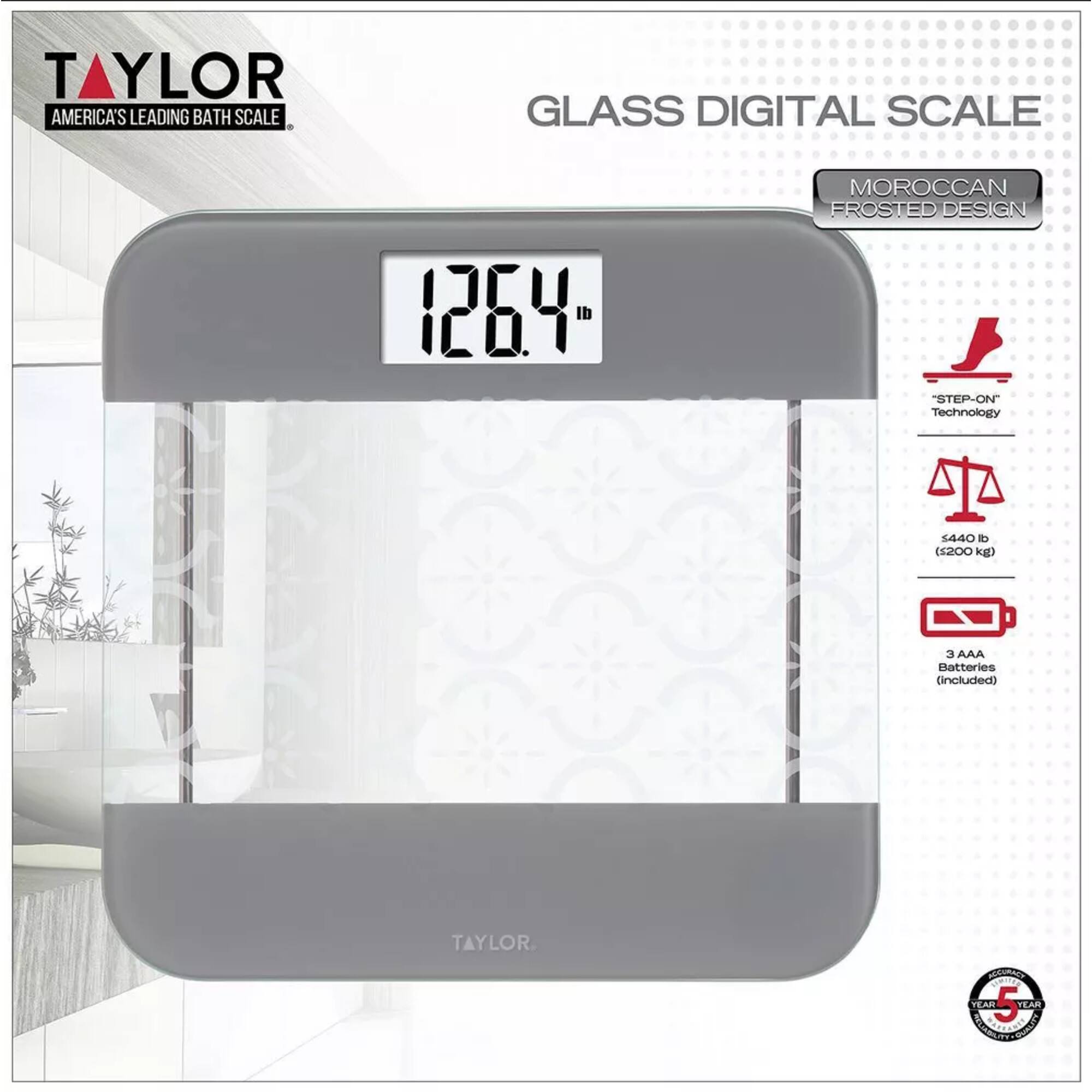 TAYLOR AMERICA'S LEADING BATH SCALE GLASS DIGITAL SCALE 1264 di MOROCCAN FROSTED DESIGN STEP-ON Technology S440 t (s200 kg) 3 AAA Batteries (included) TAYLOR.