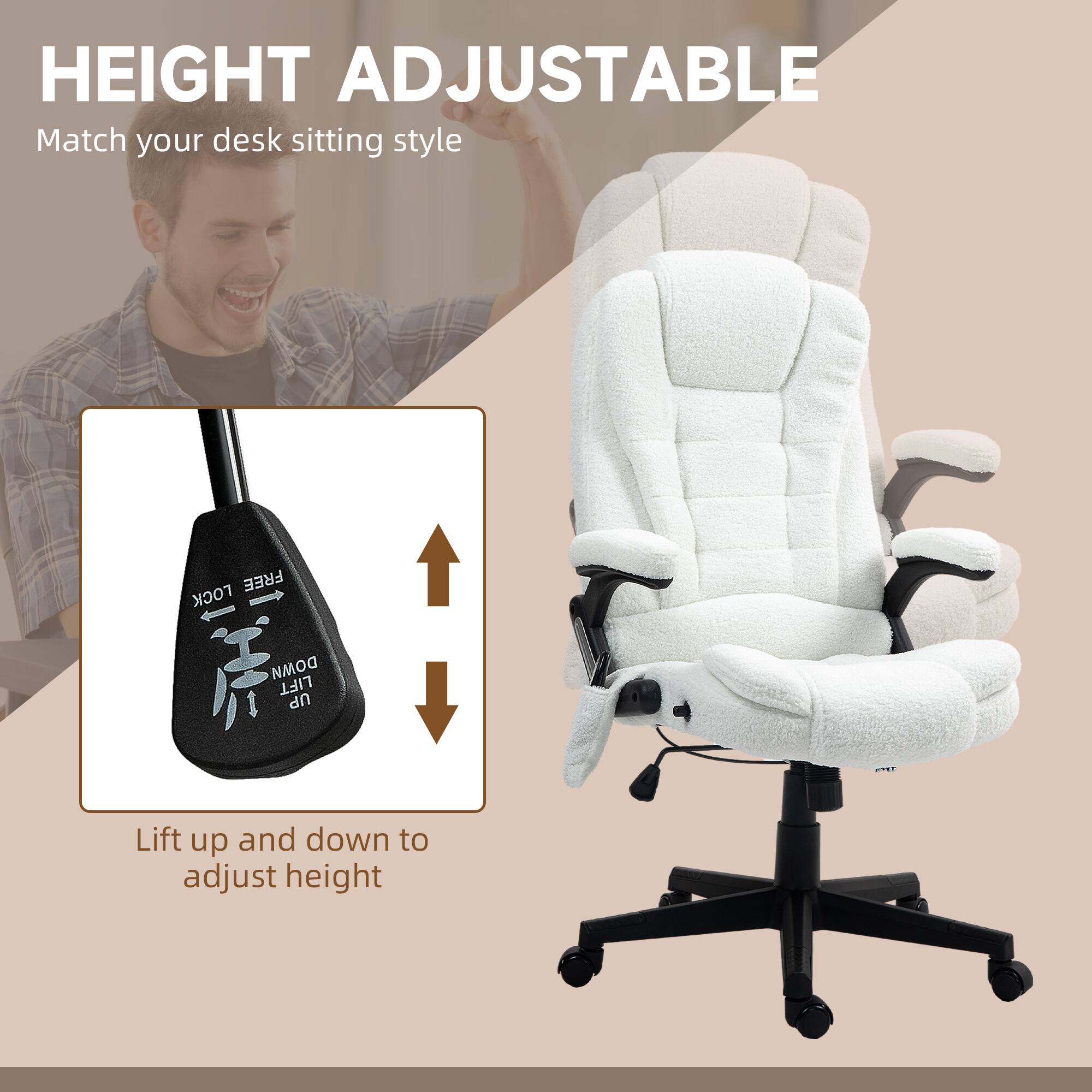 HEIGHT ADJUSTABLE, Match your desk sitting style, Lift up and down to adjust height, FREE LOCK DOWN