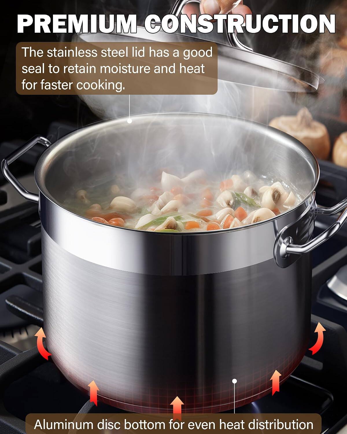PREMIUM CONSTRUCTION

The stainless steel lid has a good seal to retain moisture and heat for faster cooking.

Aluminum disc bottom for even heat distribution