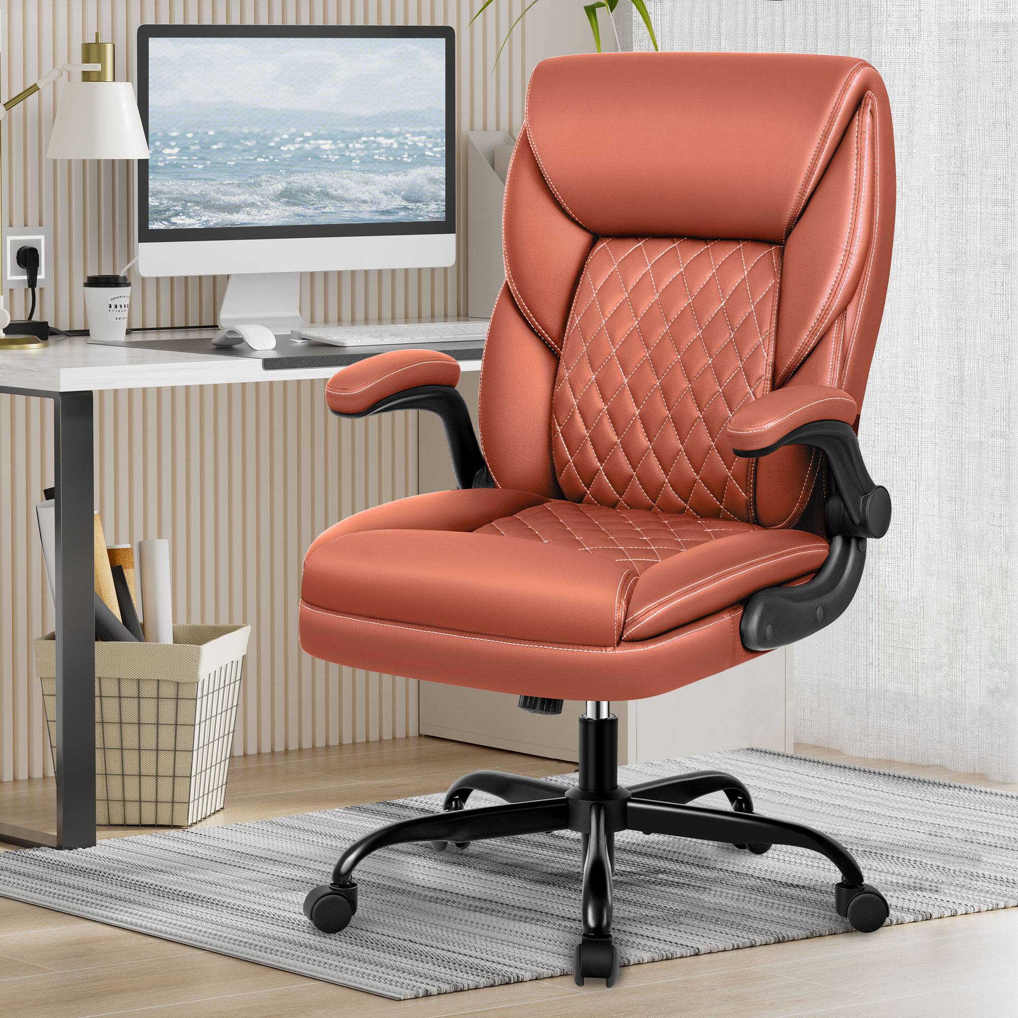 Alt View 4. KERDOM - Home Office PU Leather Desk Chair with Rocking Function, Ergonomic Computer Chair Lumbar Support Swivel Task Chair - Brown.