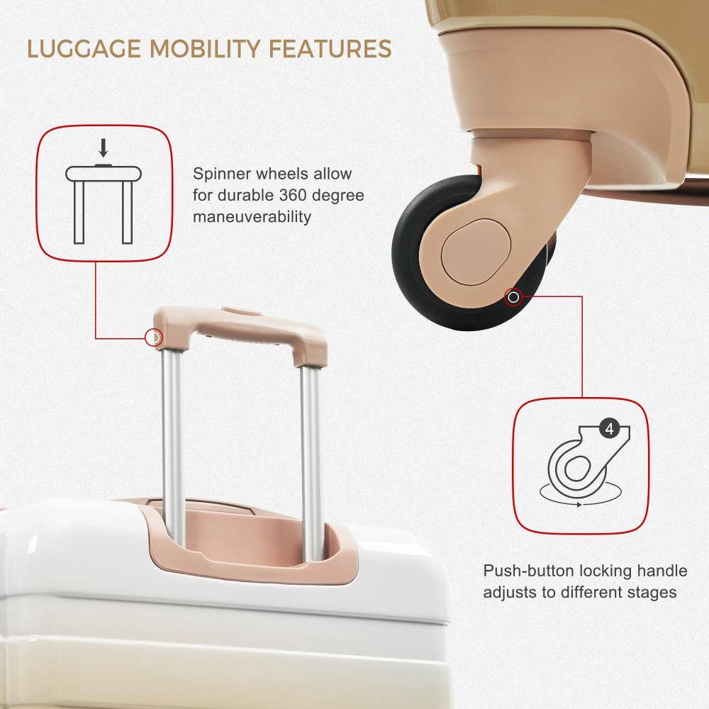 LUGGAGE MOBILITY FEATURES

Spinner wheels allow for durable 360 degree maneuverability

Push-button locking handle adjusts to different stages