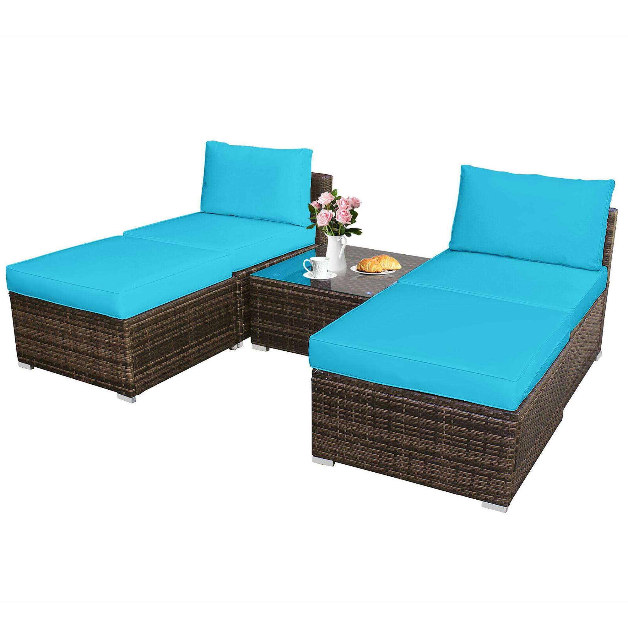 Angle. Costway - 5PCS Patio Rattan Wicker Furniture Set Armless Sofa Ottoman Cushioned - Turquoise.