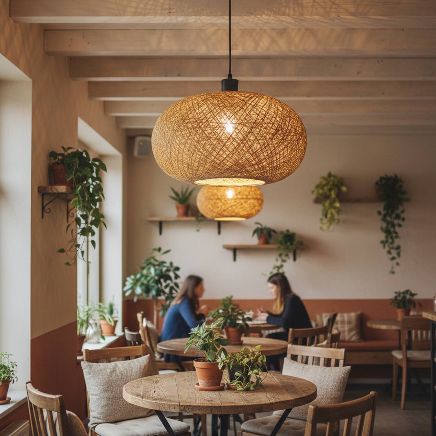 Angle. Umeiluce - 15.7 Inch Dimmable Pendant Light Handmade Rattan Double-layer Natural Lampshade Light - Natrual.