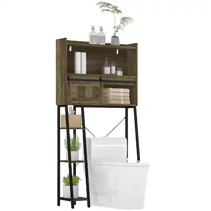 Front. Homcom - Over the Toilet Storage Cabinet, Freestanding Over Toilet Bathroom Organizer with Sliding Door - Brown.