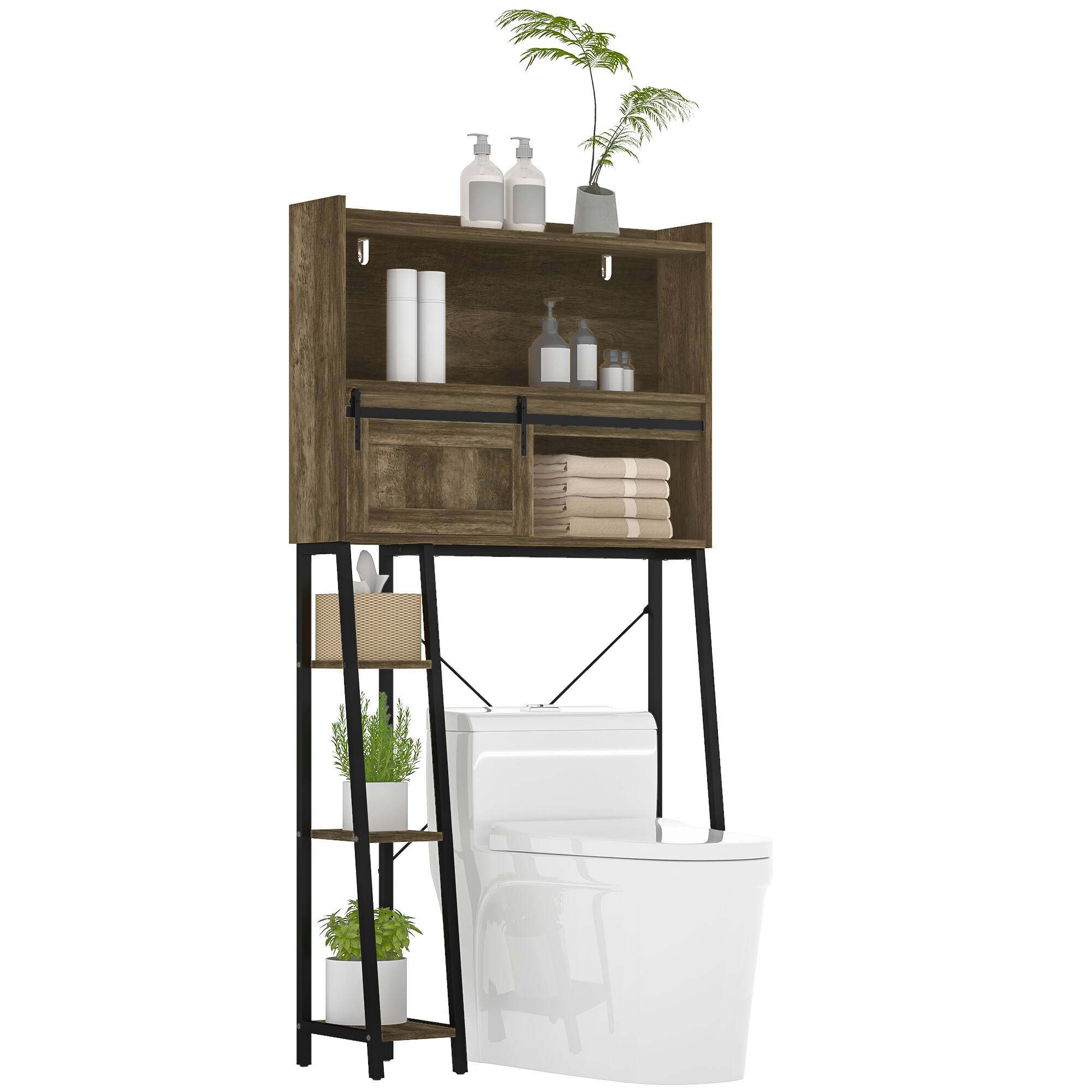 Homcom - Over the Toilet Storage Cabinet, Freestanding Over Toilet Bathroom Organizer with Sliding Door - Brown