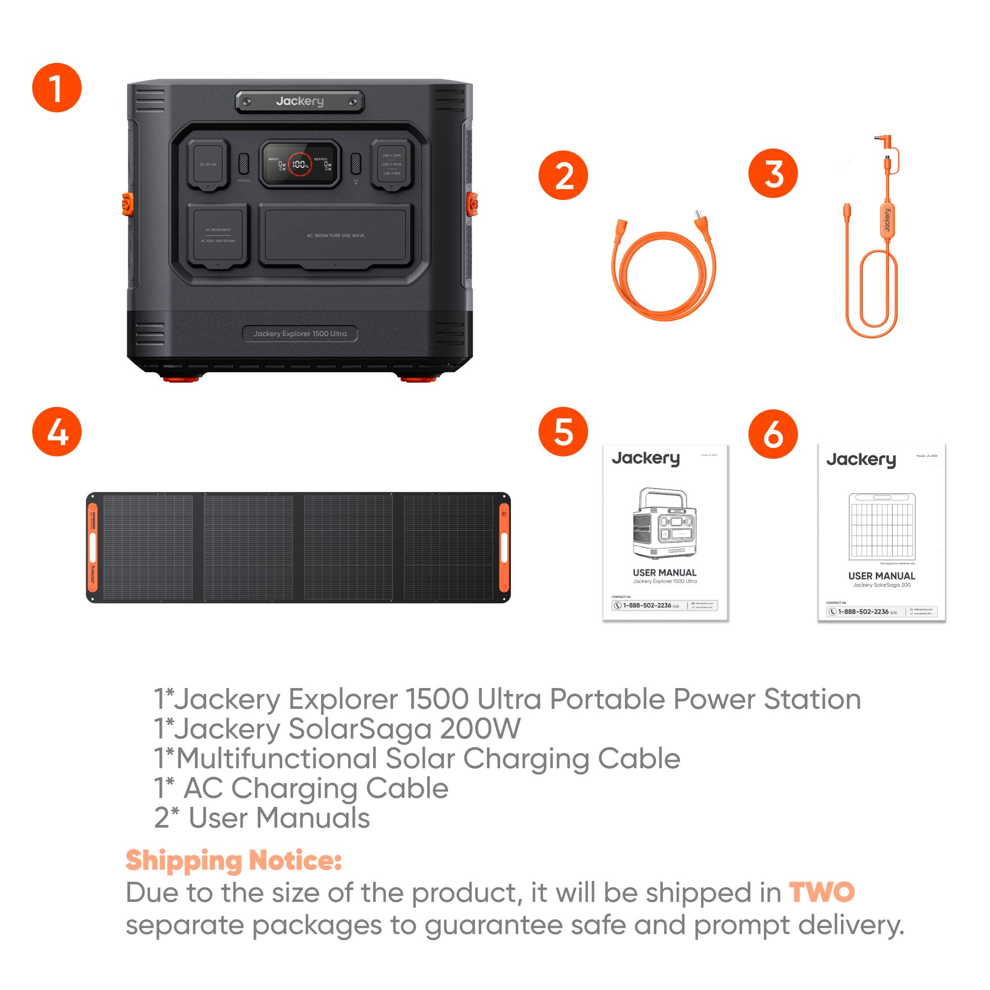 1 Jackery Explorer 1500 Ultra Portable Power Station  
2 Jackery SolarSaga 200W  
3 Multifunctional Solar Charging Cable  
4 AC Charging Cable  
5 User Manuals  
6 User Manuals  

Shipping Notice: Due to the size of the product, it will be shipped in TWO separate packages to guarantee safe and prompt delivery.
