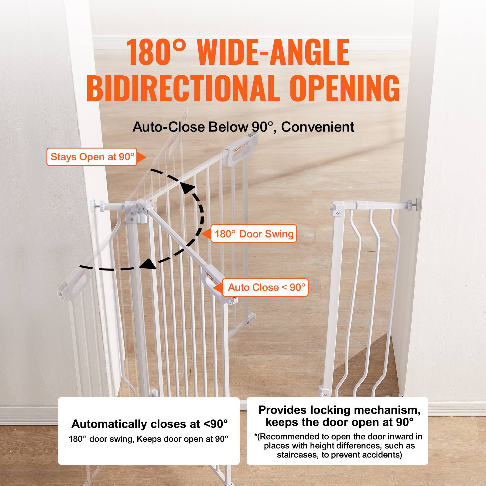 The text from the image can be grouped and corrected as follows:

**180° Wide-Angle Bidirectional Opening**

- **Auto-Close Below 90°, Convenient**
- **Stays Open at 90°**
- **180° Door Swing**
- **Auto Close at <90°**
- **Automatically closes at <90°**
- **180° door swing, keeps door open at 90°**
- **Provides locking mechanism, keeps the door open at 90°**
- *(Recommended to open the door inward in places with height differences, such as staircases, to prevent accidents)*

This product allows the door to stay open at 90° and automatically closes when the door swing is less than 90°.