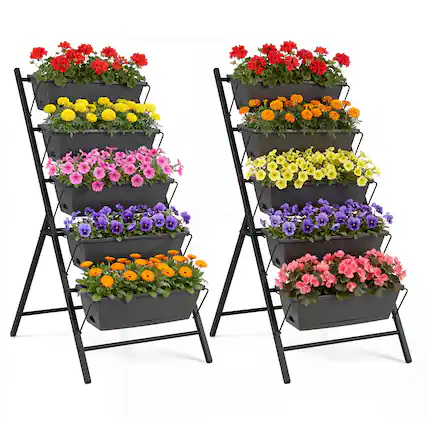 Front. Costway - Costway 2 PCS 5-Tier Vertical Raised Garden Bed with Drainage System & Removable Trays - Black.