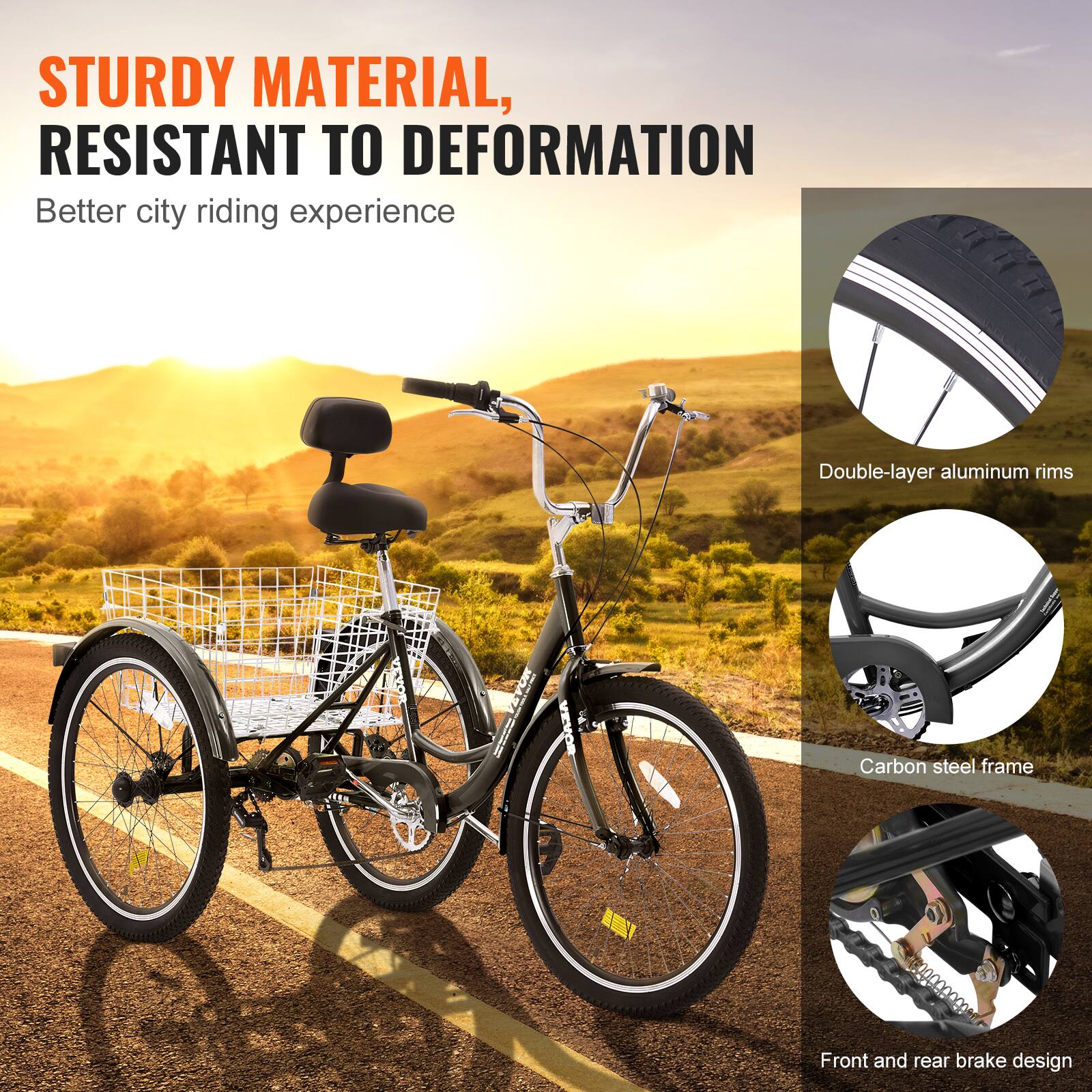 STURDY MATERIAL, RESISTANT TO DEFORMATION

Better city riding experience

Double-layer aluminum rims

Carbon steel frame

Front and rear brake design