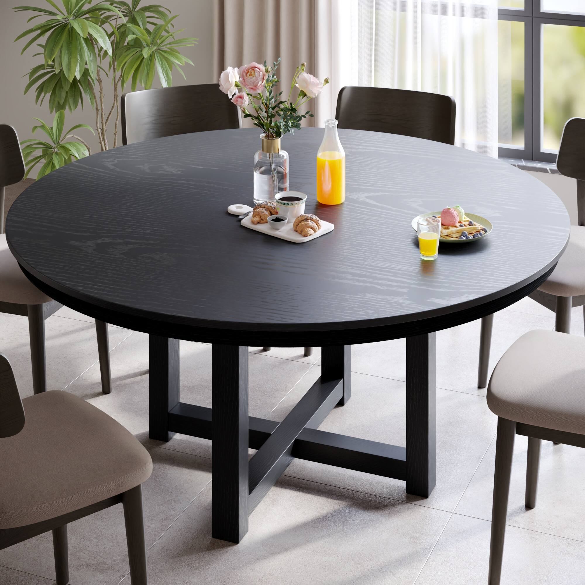 Back. Lirago - 59" Solid Wood Round Dining Table with Double Pedestal Large Kitchen Table Seats 6 for Dining Room - Black.