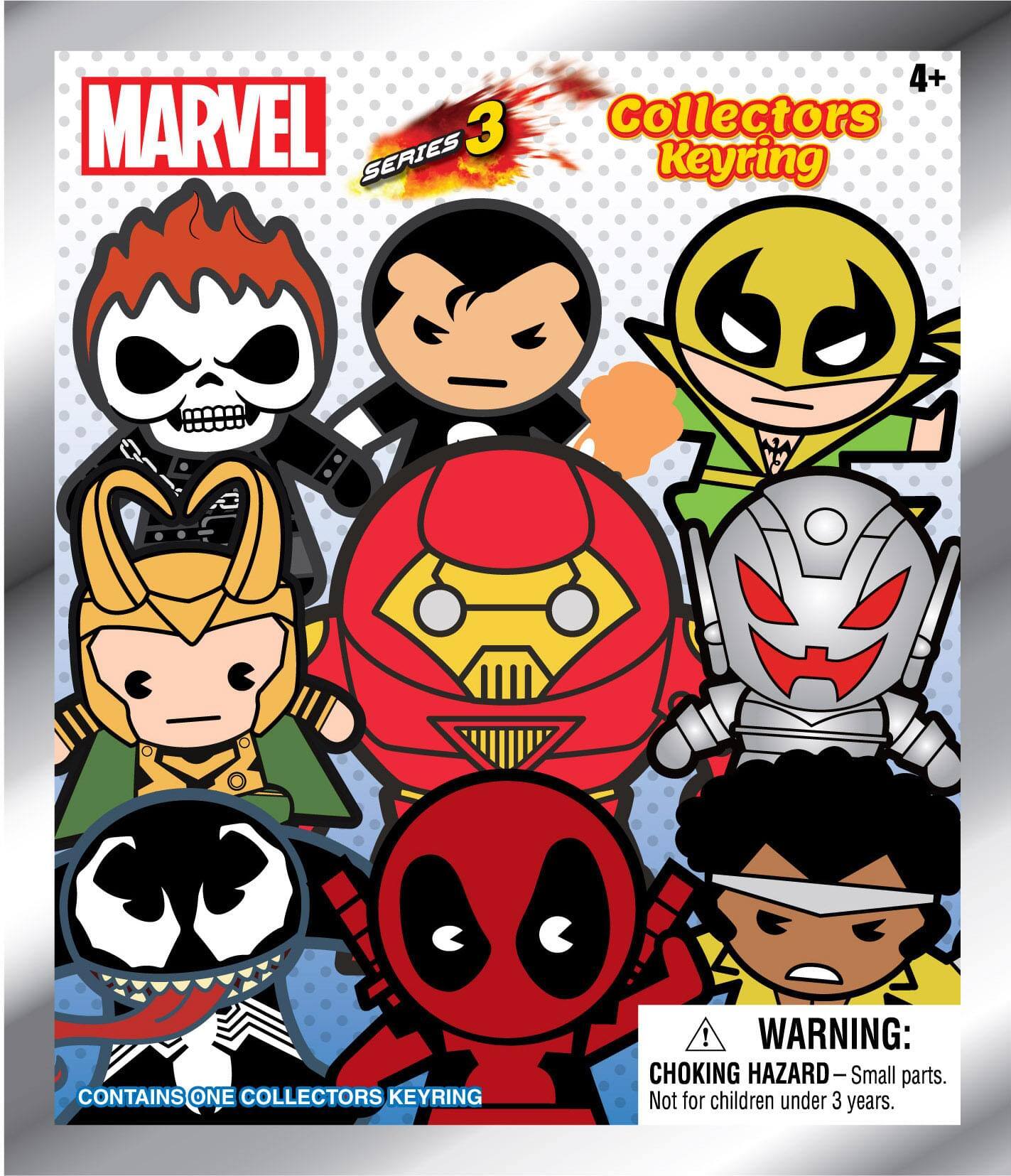 MARVEL SERIES 3  
Collectors Keyring  
4+  

CONTAINS ONE COLLECTORS KEYRING  

WARNING: CHOKING HAZARD – Small parts. Not for children under 3 years.