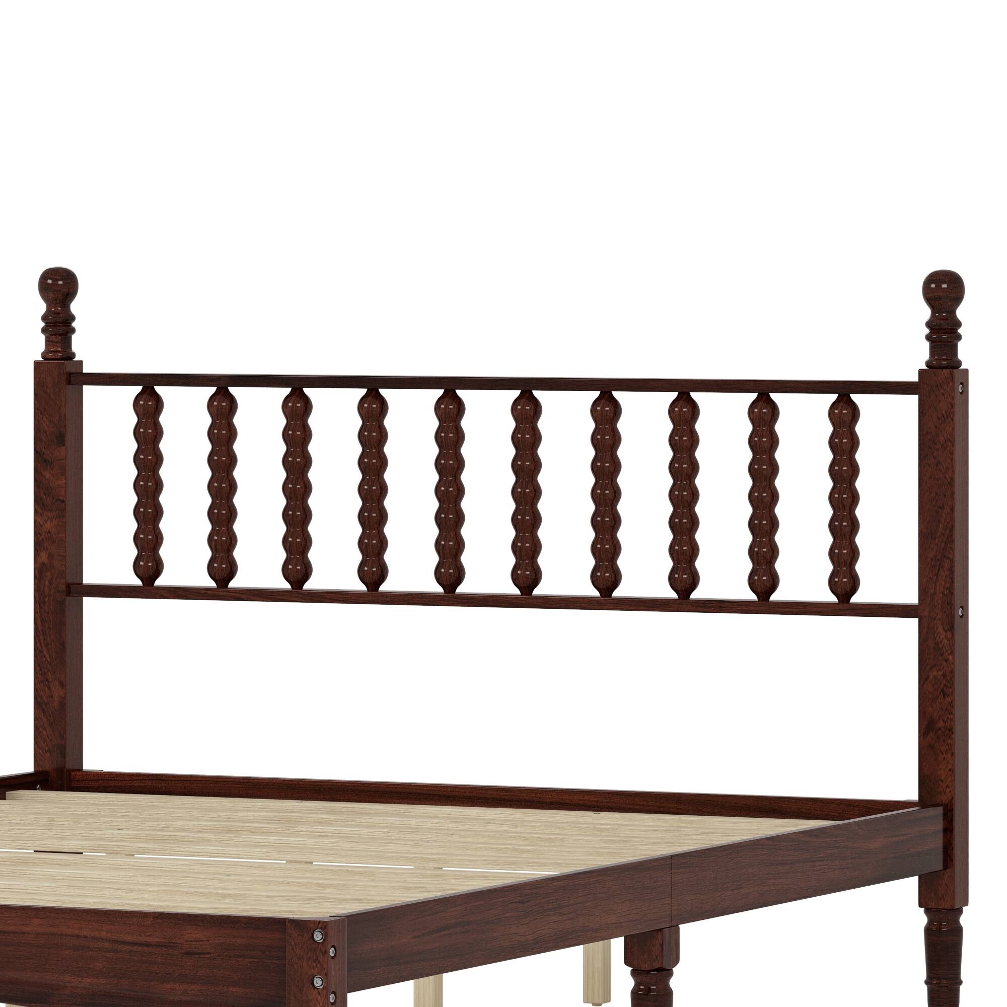 Alt View 4. GOODSILO - Queen Size Retro Wood Platform Bed with Gourd Shaped Headboard and Wooden Slat Support - Walnut.