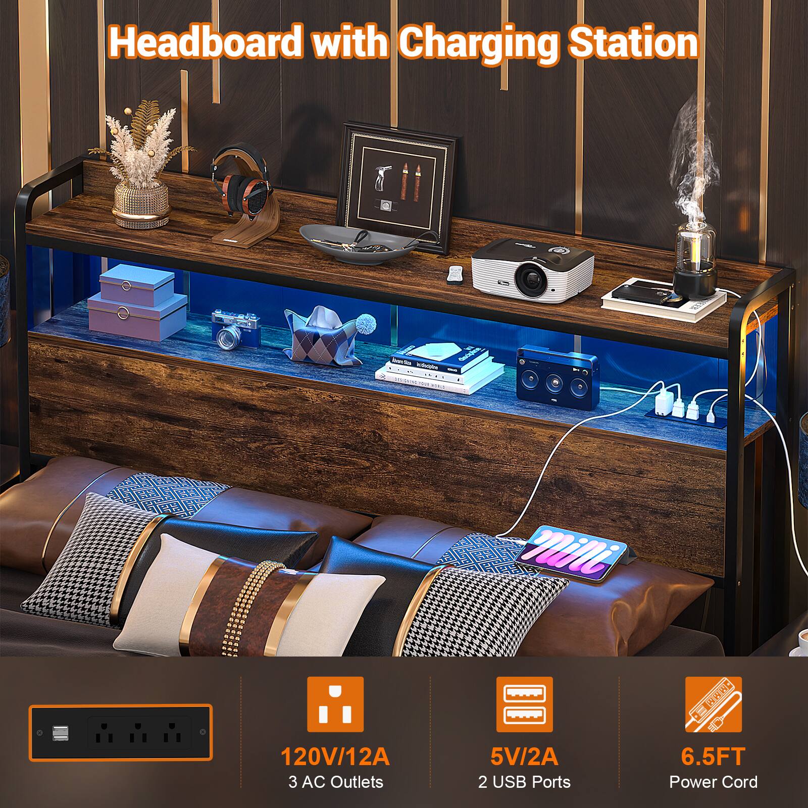 Headboard with Charging Station

- 120V/12A
- 3 AC Outlets
- 5V/2A 2 USB Ports
- 6.5FT Power Cord