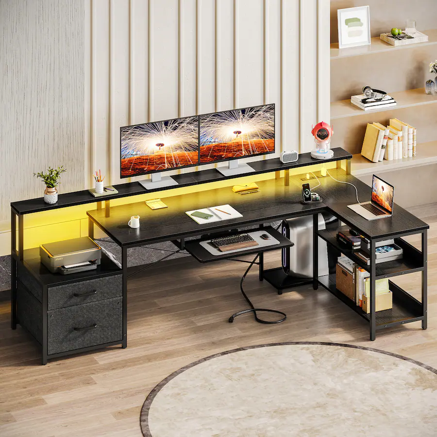 AODK L Shaped Reversible Computer Desk with LED Lights, File Drawer ...