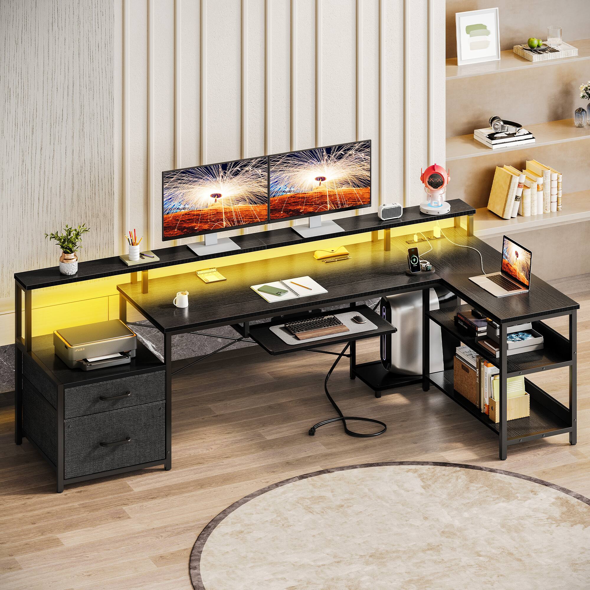 Alt View 3. AODK - L-Shaped Reversible Computer Desk with LED Lights, File Drawer, Power Outlets, Storage Shelves & Keyboard Tray - Black.