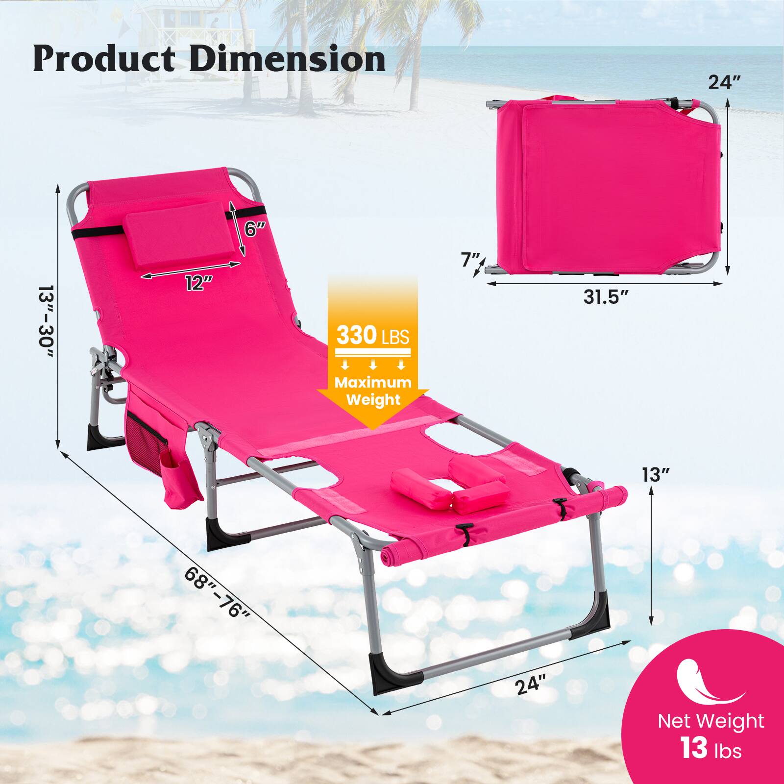 Product Dimension: 24" x 13"-30" x 12" x 6"  
Maximum Weight: 330 LBS  
Net Weight: 13 lbs