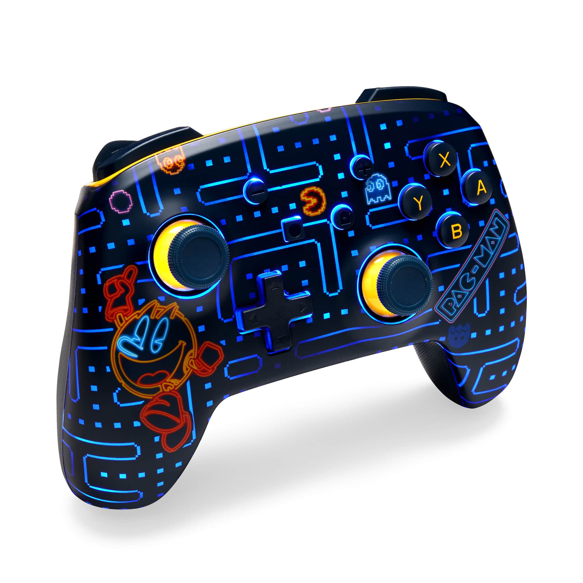 The image features a Pac-Man themed video game controller with blue and black colors. The controller has a Pac-Man character on the front, and the buttons are designed to look like Pac-Man's mazes. The buttons include a C button, an X button, an A button, a Y button, a B button, and a P button. The controller is designed to resemble a Pac-Man game, and it is likely used for playing games on a gaming console.