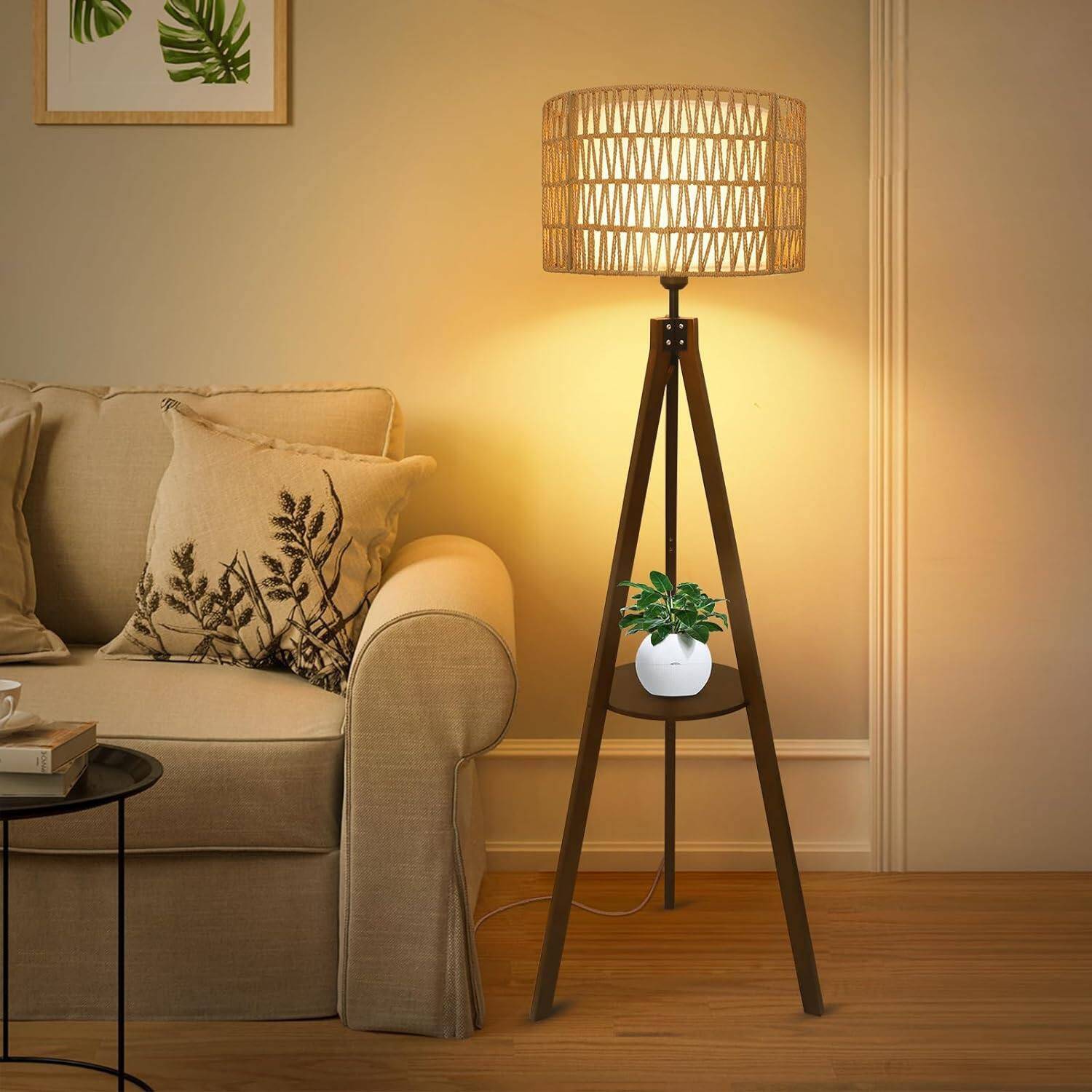 Angle. Malletson - 59'' Tall Boho Tripod Floor Lamp with Shelves, Mid-Century Modern Wood Standing Lamp with Rattan Shades for Home - Brown.
