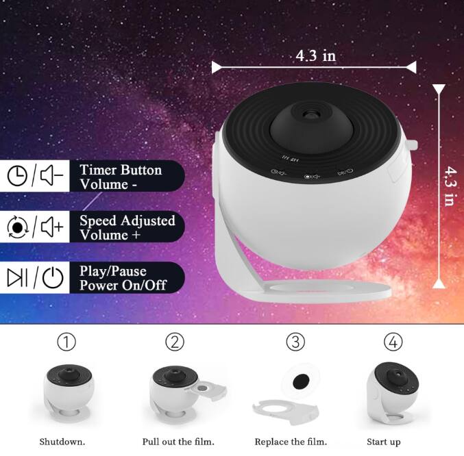 4.3 in

Timer Button Volume -  
Speed Adjusted Volume +  
Play/Pause Power On/Off

1. Shutdown.  
2. Pull out the film.  
3. Replace the film.  
4. Start up
