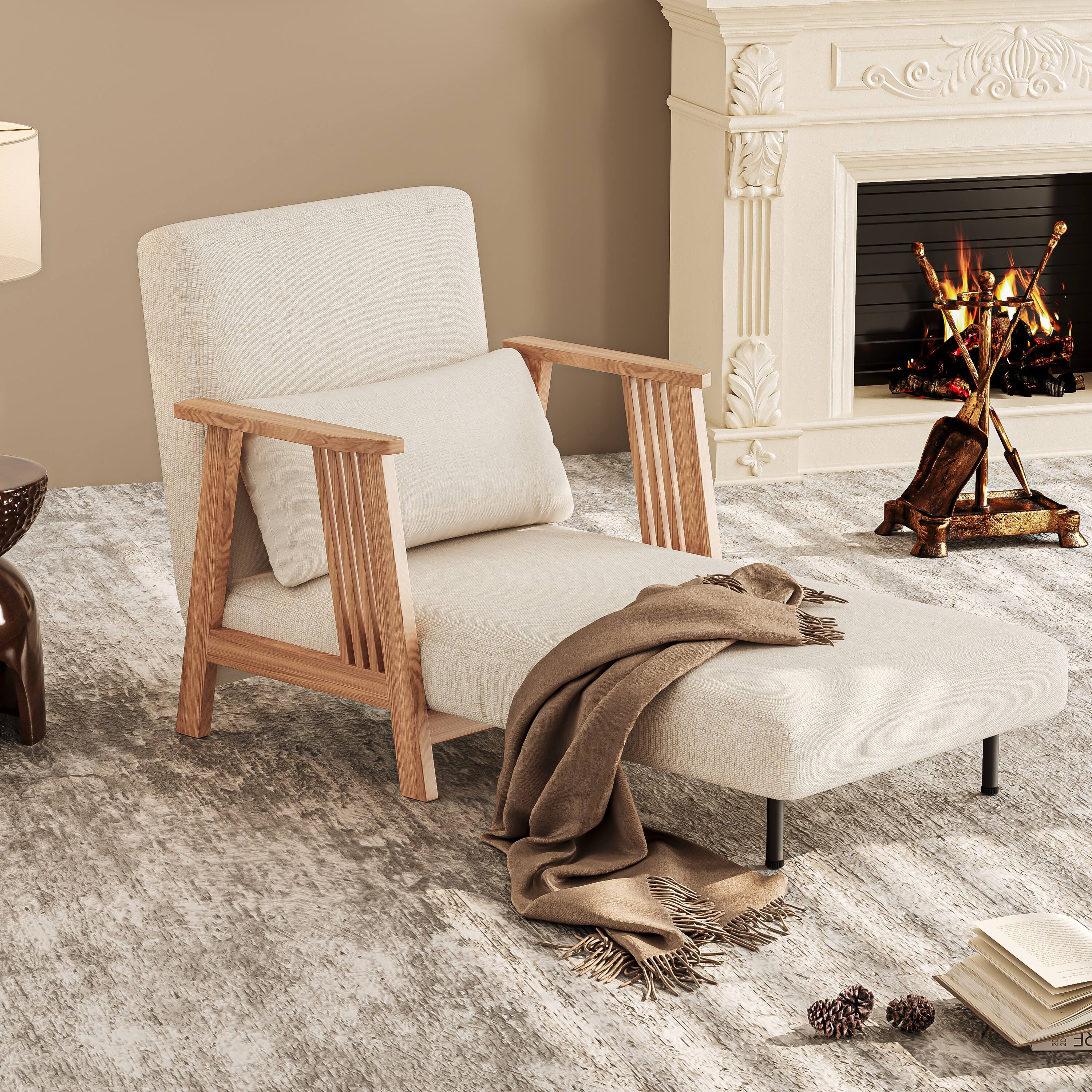 Alt View 1. MSOOB - 31.6" Folding Chair Bed, Modern Convertible Wooden Upholstered Armchair Sleeper Chaise Bed for Bedroom Living Room - off white.