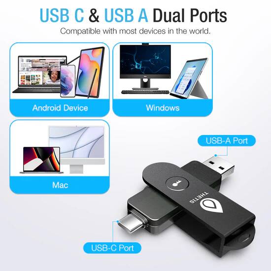 USB C & USB A Dual Ports  
Compatible with most devices in the world.  

- Android Device  
- Windows  
- Mac  

USB-A Port  
USB-C Port