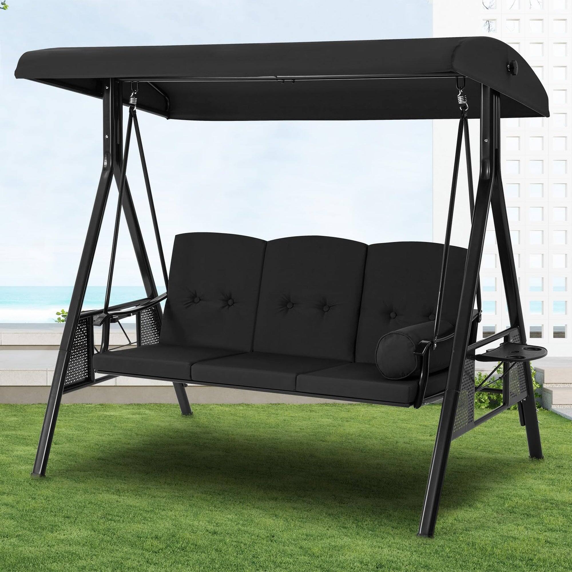 Alt View 2. Boyel Living - 3 Person Metal Patio Swing with Removable Cushion and Cup Holder Outdoor Porch Swing Chair - Black.