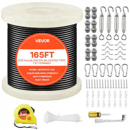 VEVOR 165FT 3/32 Inch, BLACK NYLON COATED T304, 7 X 7 STRANDS MODEL: QD304PVC-024 320LBS BREAKING STRENGTH ANTI-CORROSION RUST-PROOF ZIYANG 40Ft 3m