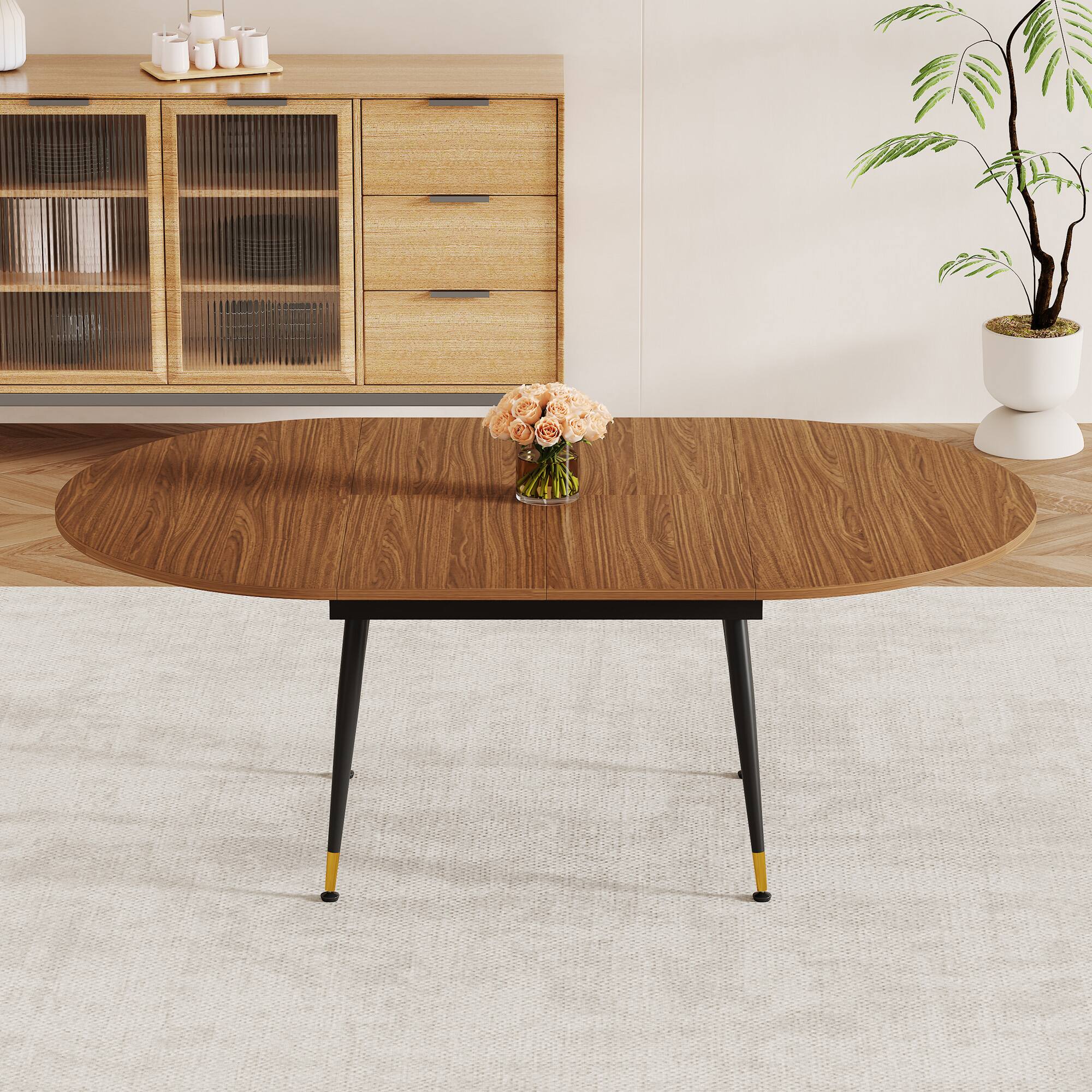 Alt View 2. Loheer - Loheer- Walnut Oval Extendable Dining Table 6.56x3.93x2.42 ft Modern Expandable Kitchen Table Seats Ten with Metal Legs - Black,Walnut.