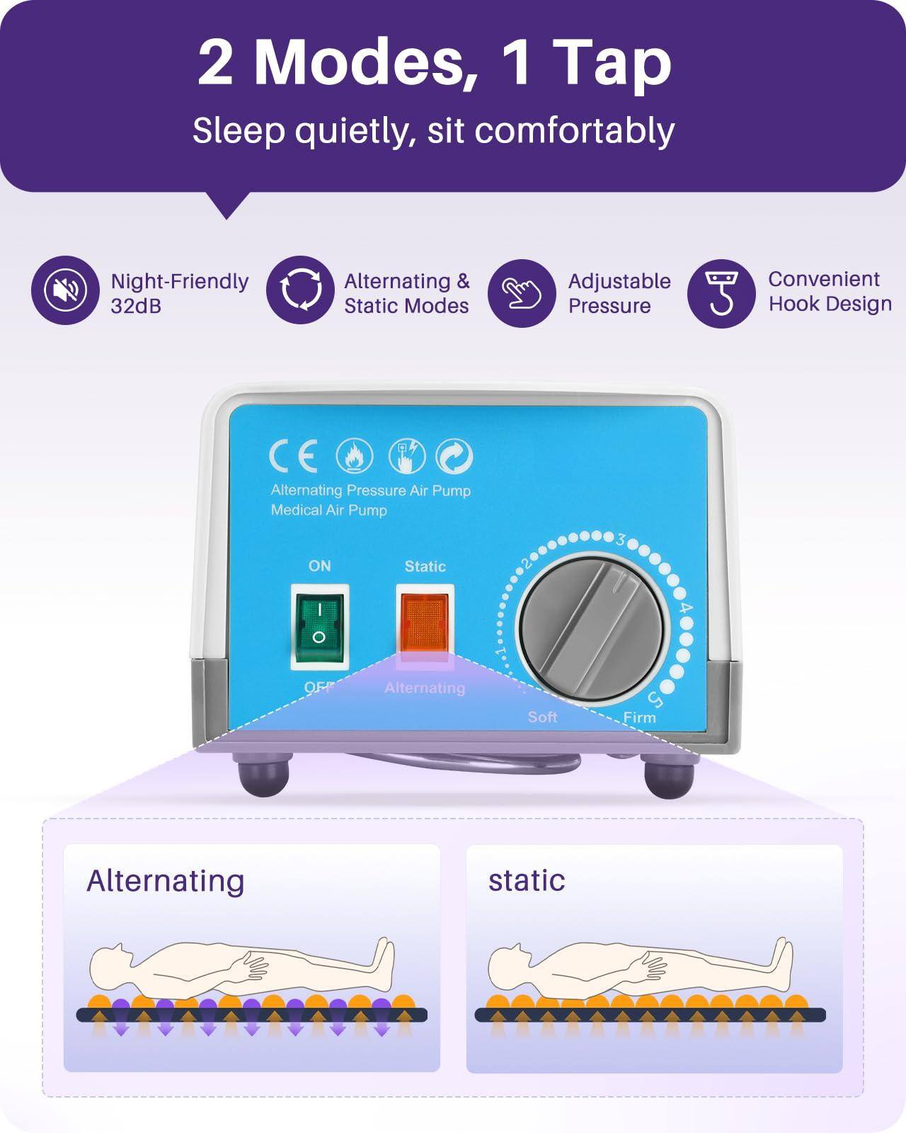2 Modes, 1 Tap  
Sleep quietly, sit comfortably  

- Night-Friendly 32dB  
- Alternating & Static Modes  
- Adjustable Pressure  
- Convenient Hook Design  

Alternating Pressure Air Pump  
Medical Air Pump  

ON  
Static  
Alternating  
Soft  
Firm  

Alternating  
Static