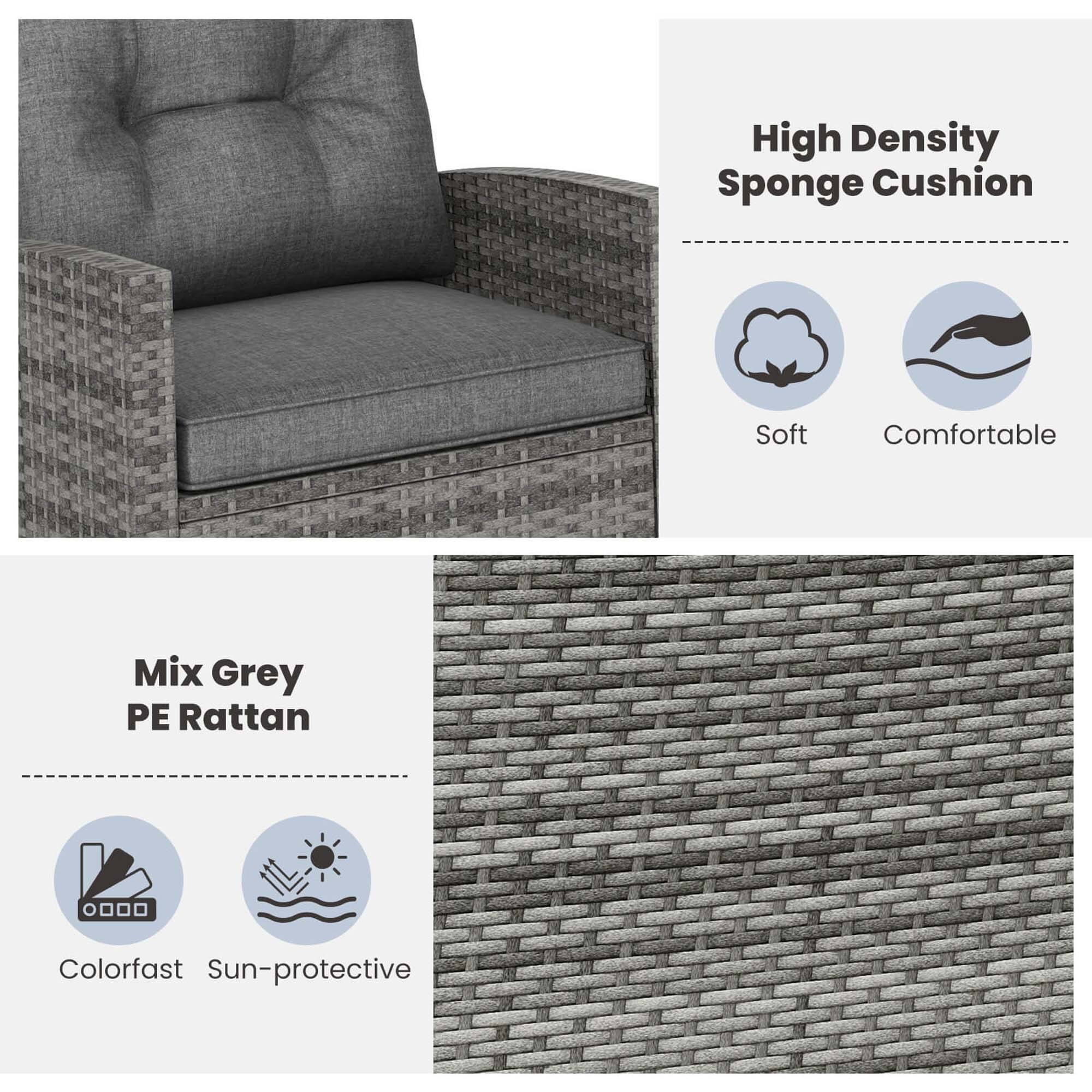 High Density Sponge Cushion Soft Comfortable Mix Grey PE Rattan. Colorfast Sun-protective.