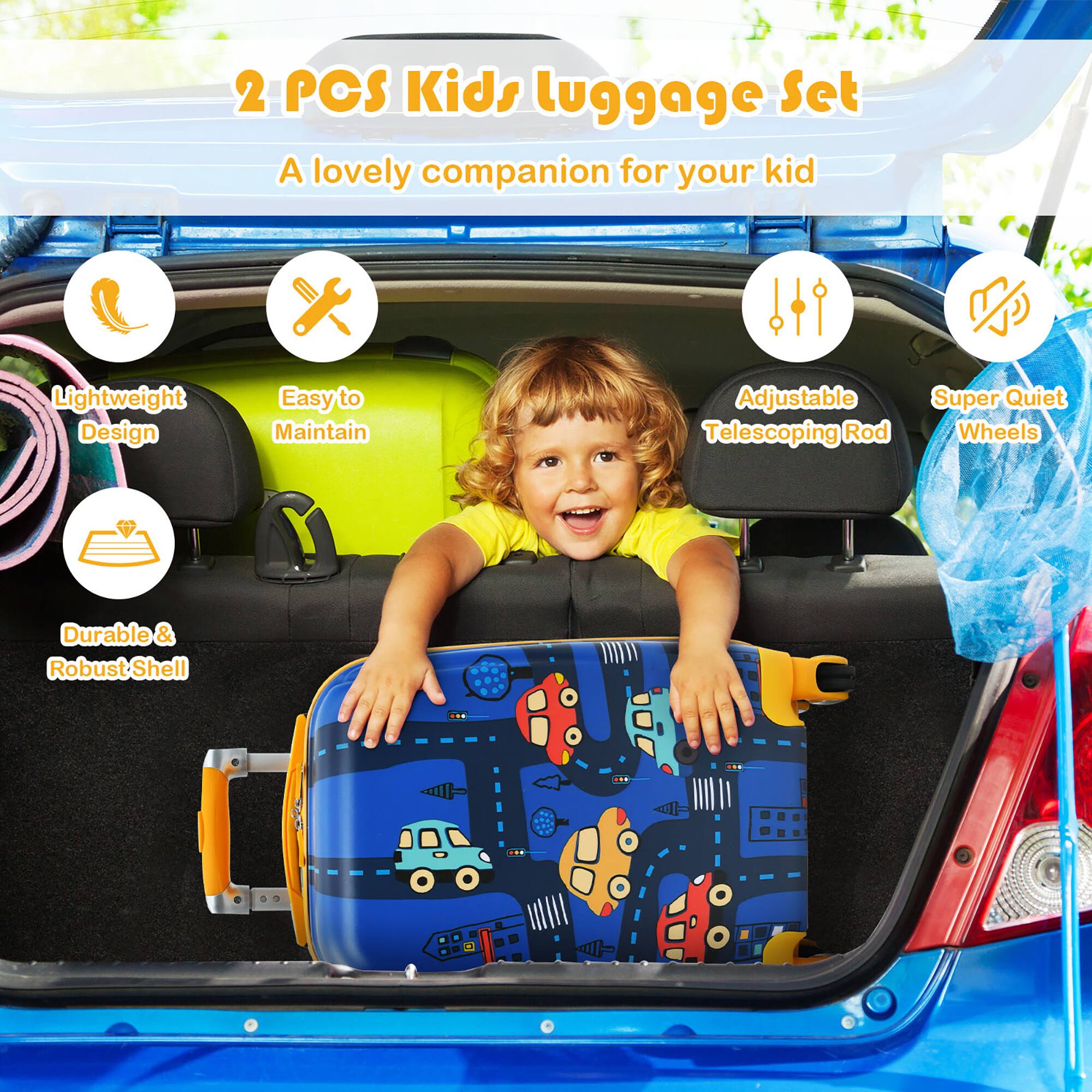 2 POS Kids Luggage Set: A lovely companion for your kid. Lightweight design, easy to maintain, adjustable telescoping rod, super quiet wheels, durable & robust shell.
