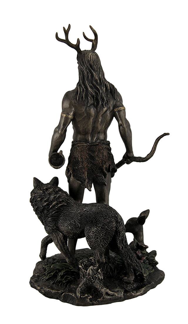 Alt View 3. Veronese Design - Herne the Spirit Hunter of Windsor Forest Standing With Deer and Wolf - Bronze.
