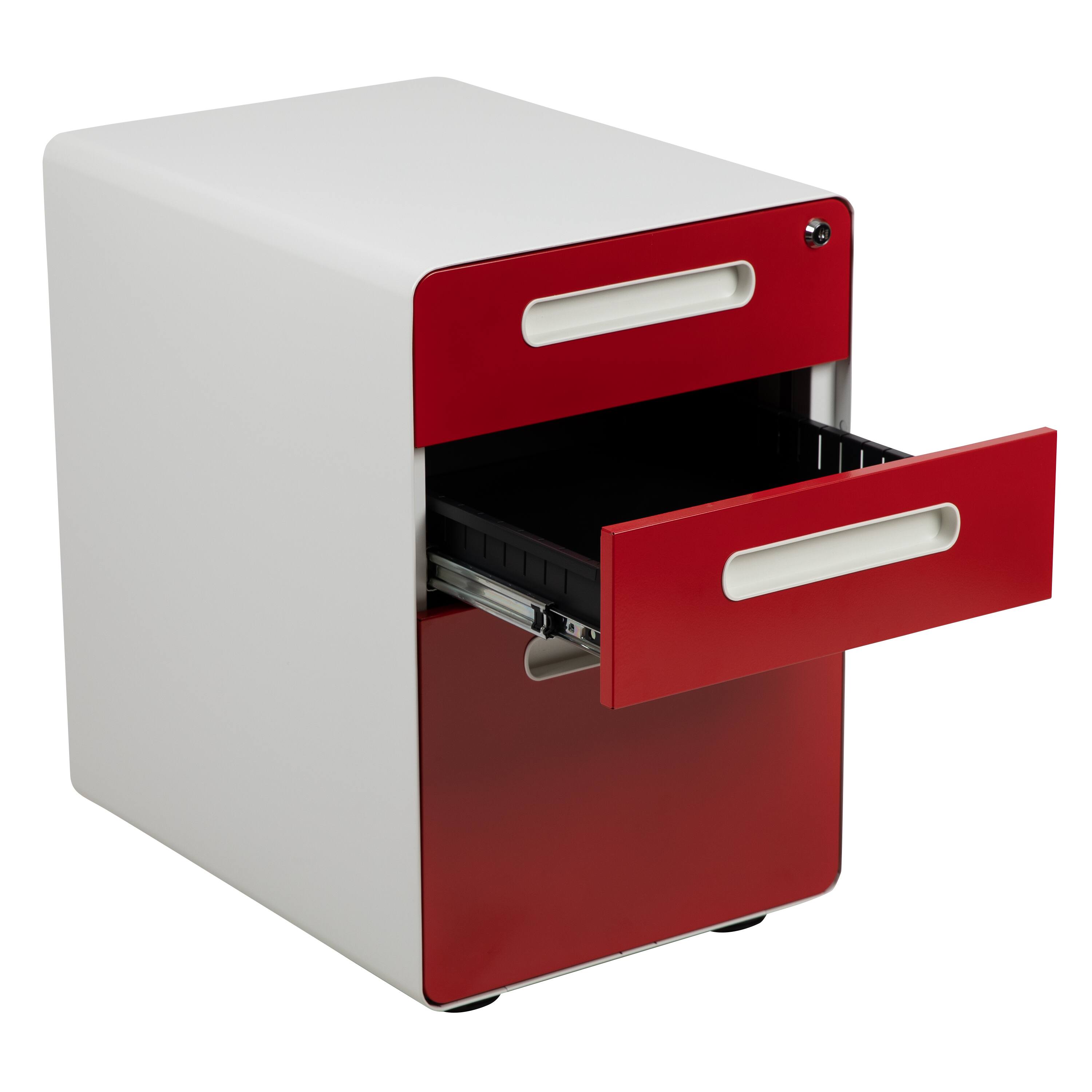 Alt View 9. Emma + Oliver - Ergonomic 3-Drawer Mobile Locking Filing Cabinet Storage Organizer - White and Red.