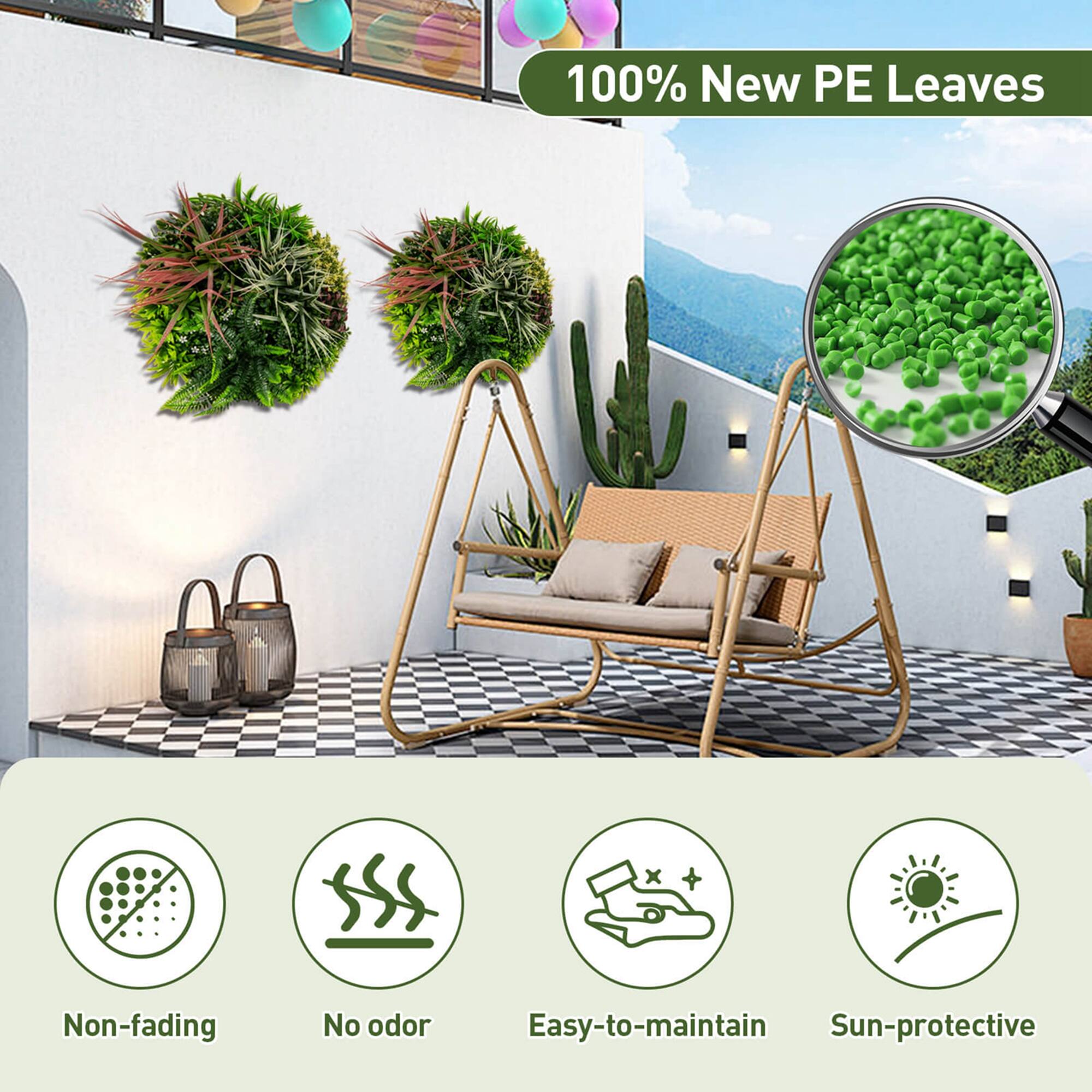 100% New PE Leaves

- Non-fading
- No odor
- Easy-to-maintain
- Sun-protective