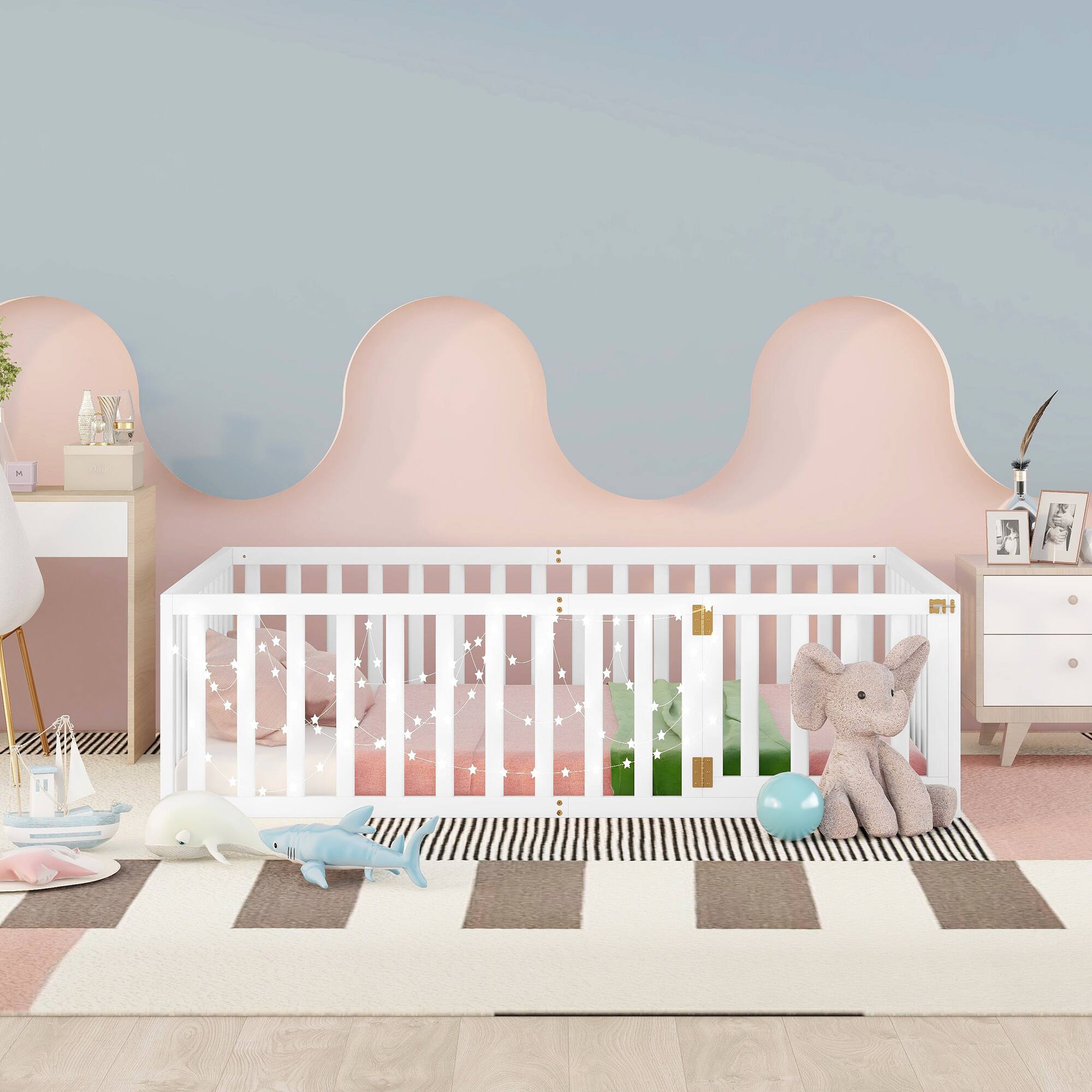 Angle. Whisen - Wood Daybed Frame, Montessori Floor Bed with Fence and Door - White.