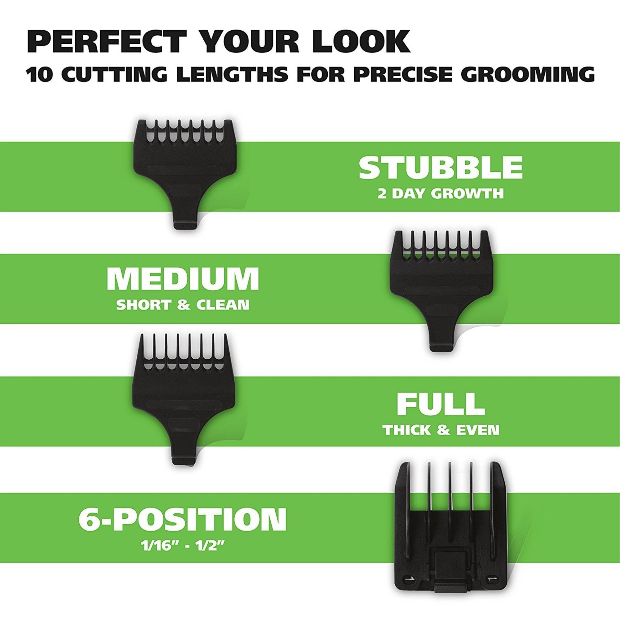 PERFECT YOUR LOOK  
10 CUTTING LENGTHS FOR PRECISE GROOMING  

STUBBLE  
2 DAY GROWTH  

MEDIUM  
SHORT & CLEAN  

FULL  
THICK & EVEN  

6-POSITION  
1/16" - 1/2"