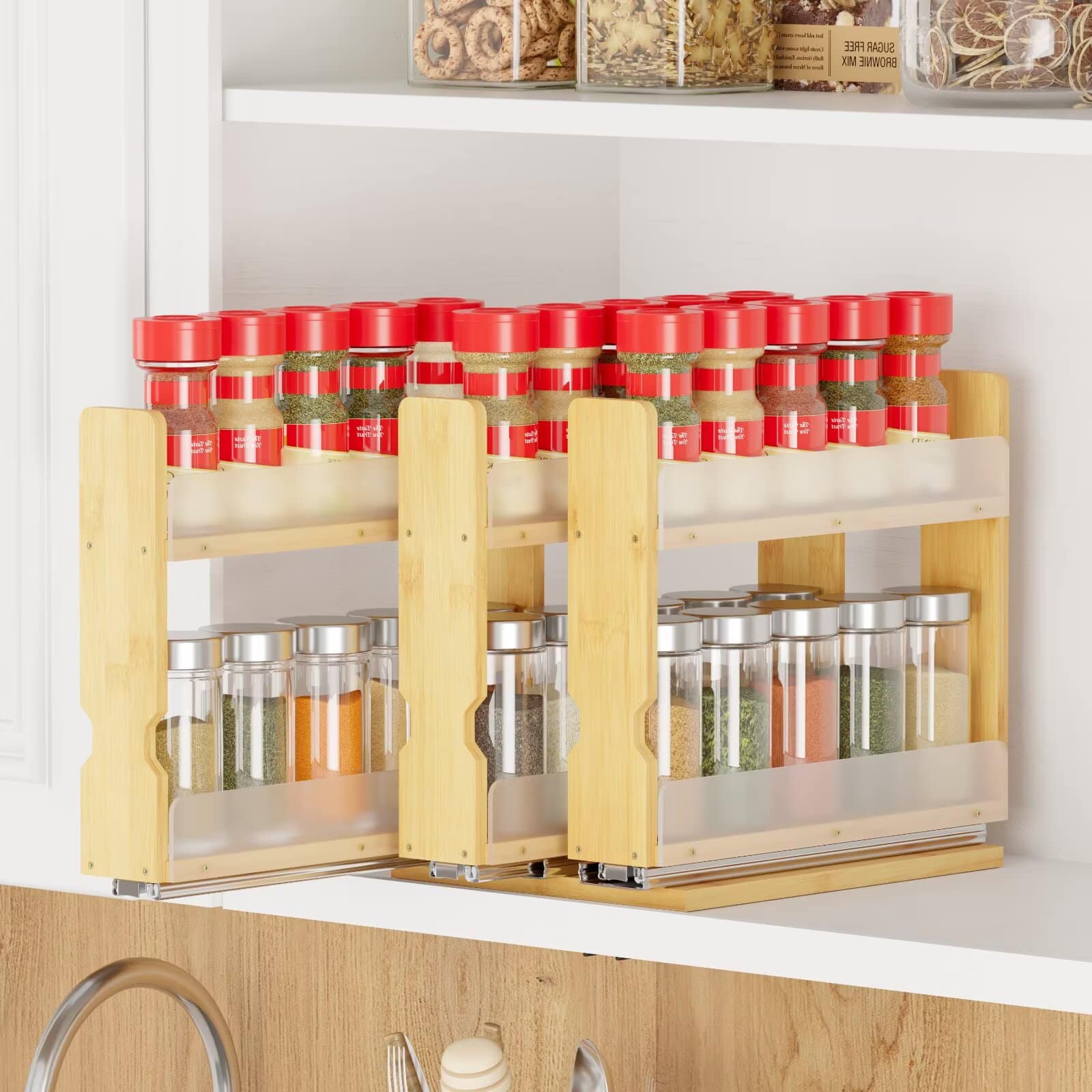 Tooloton - Bamboo Spice Rack Organizer with Sliding Drawers, 3-Tier Vertical Cabinet Storage, 7.6 Inch Wide Pantry Shelf - Natural