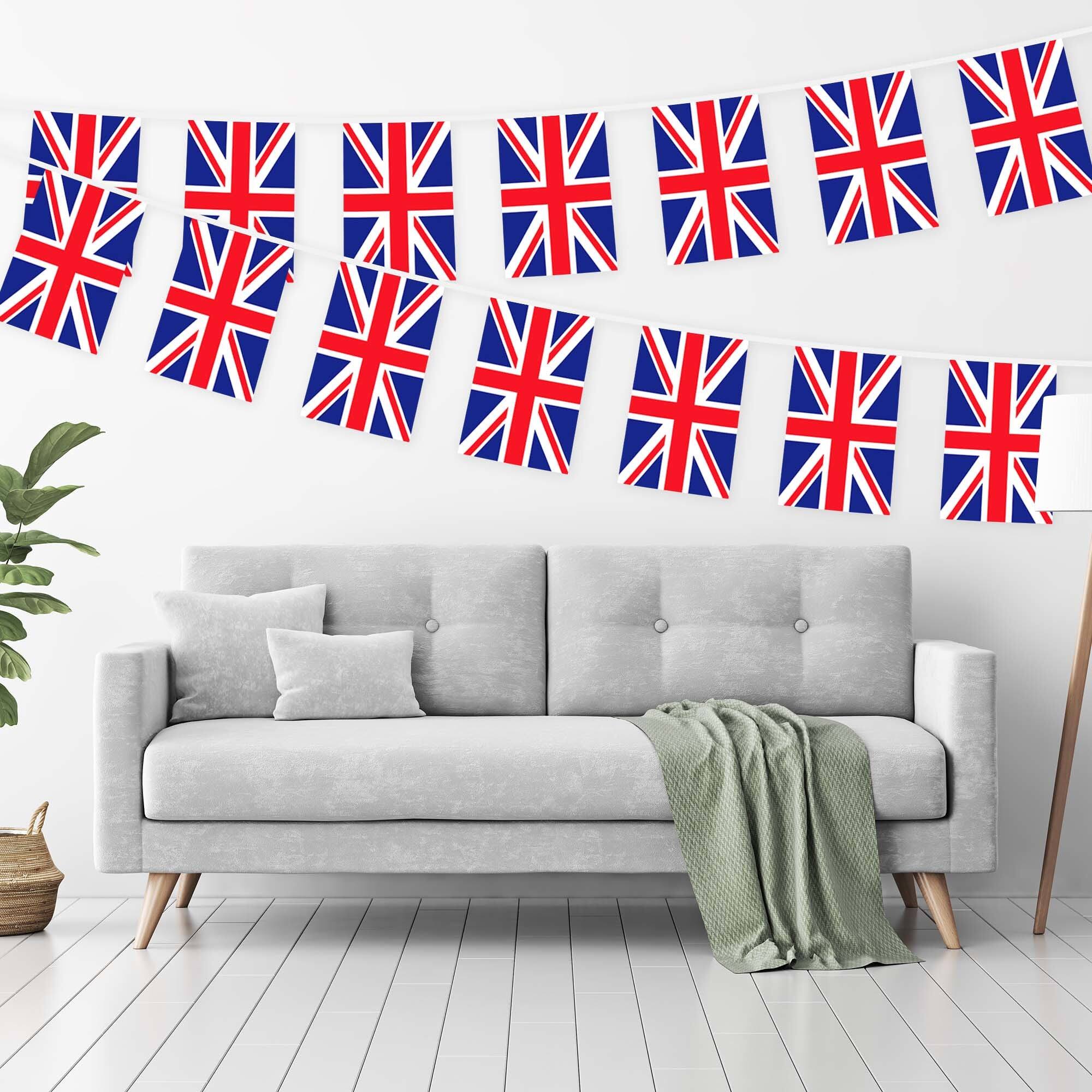 Angle. G128 - United Kingdom Flag Bunting Banner, 33 ft String with 38 Mini Flags, 8.2 x 5.5 in Polyester. - Assorted Colors.