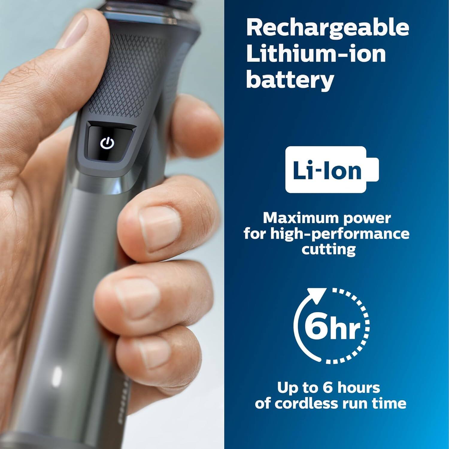 Rechargeable Lithium-ion battery  
Li-lon  
Maximum power for high-performance cutting  
Up to 6 hours of cordless run time