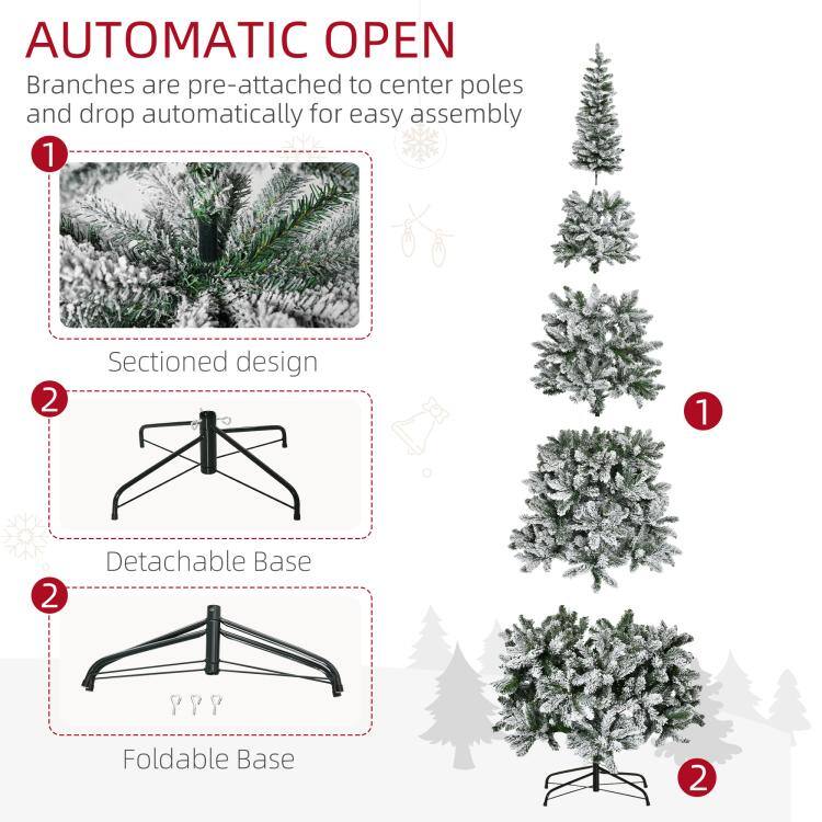 AUTOMATIC OPEN  
Branches are pre-attached to center poles and drop automatically for easy assembly  

1. Sectioned design  
2. Detachable Base  
3. Foldable Base