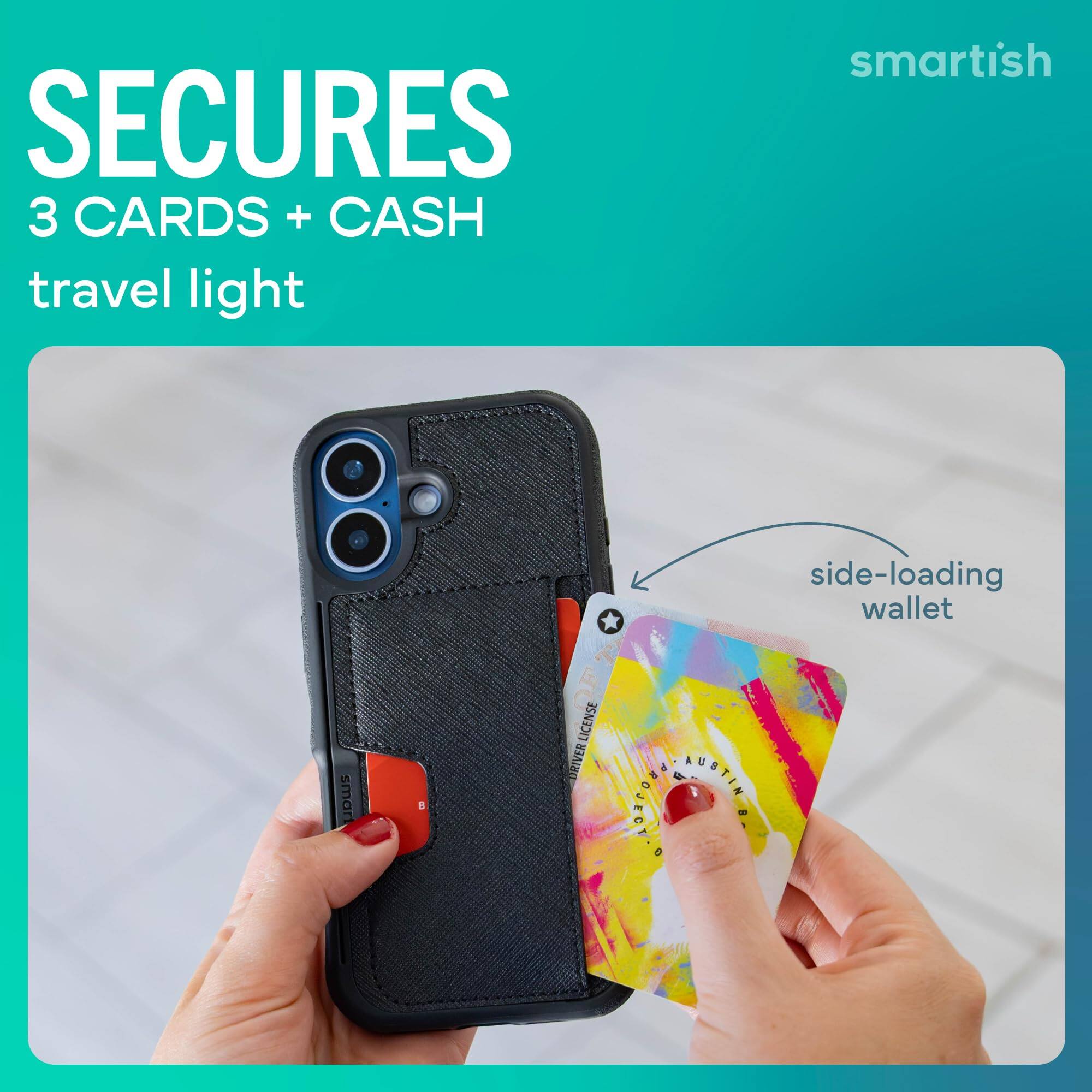 SECURES 3 CARDS + CASH travel light

smartish

side-loading wallet

LICENSE DRIVER
STORCORN AUSTIN 8