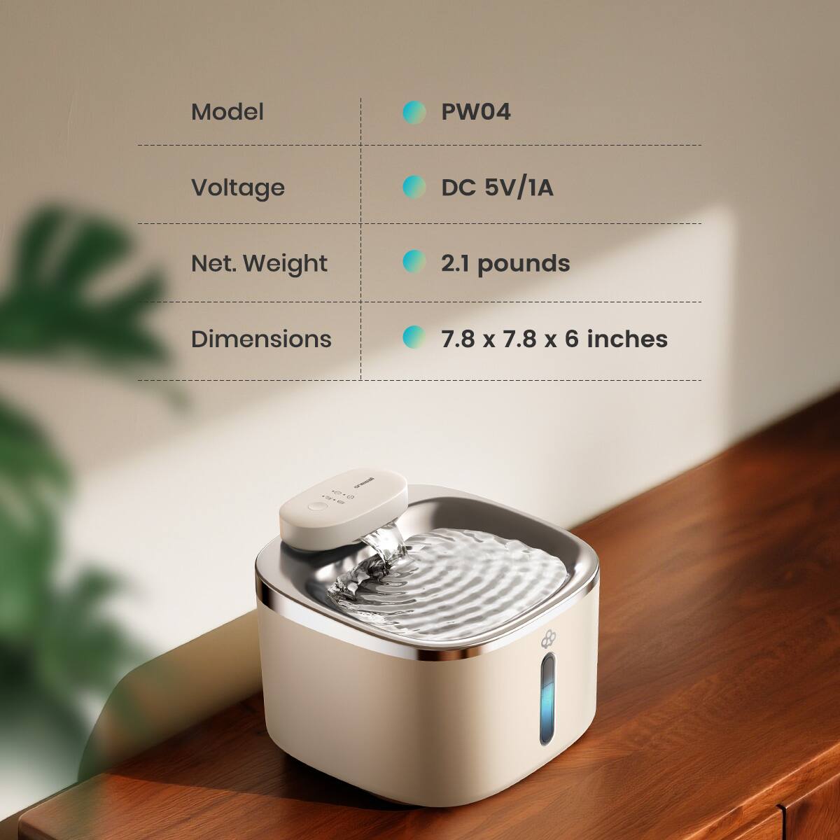 Model: PW04  
Voltage: DC 5V/1A  
Net. Weight: 2.1 pounds  
Dimensions: 7.8 x 7.8 x 6 inches