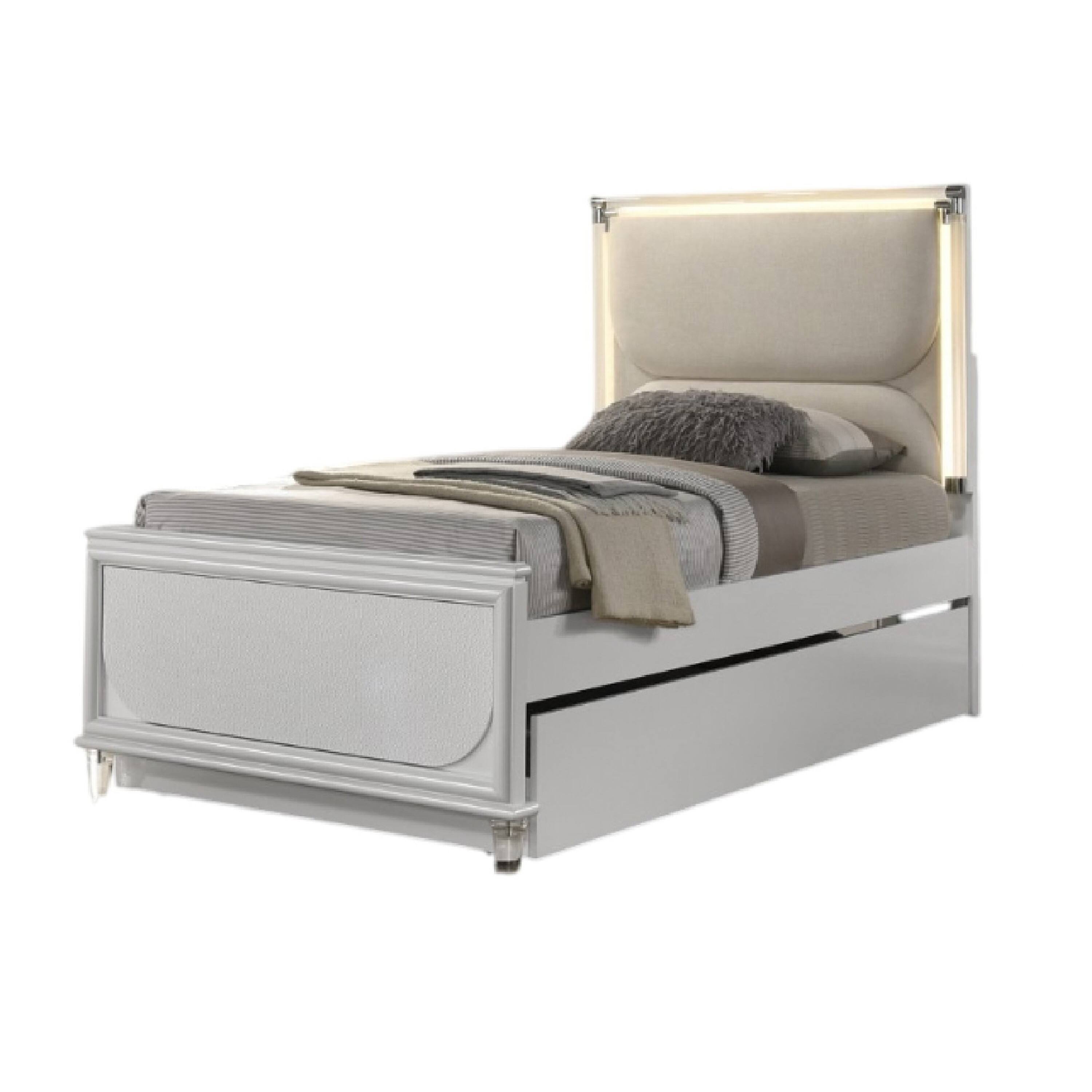Angle. Manhattan Lane - Dima Full Size Bed with Pull Out Trundle and LED Headboard - Pearl White, Clear.
