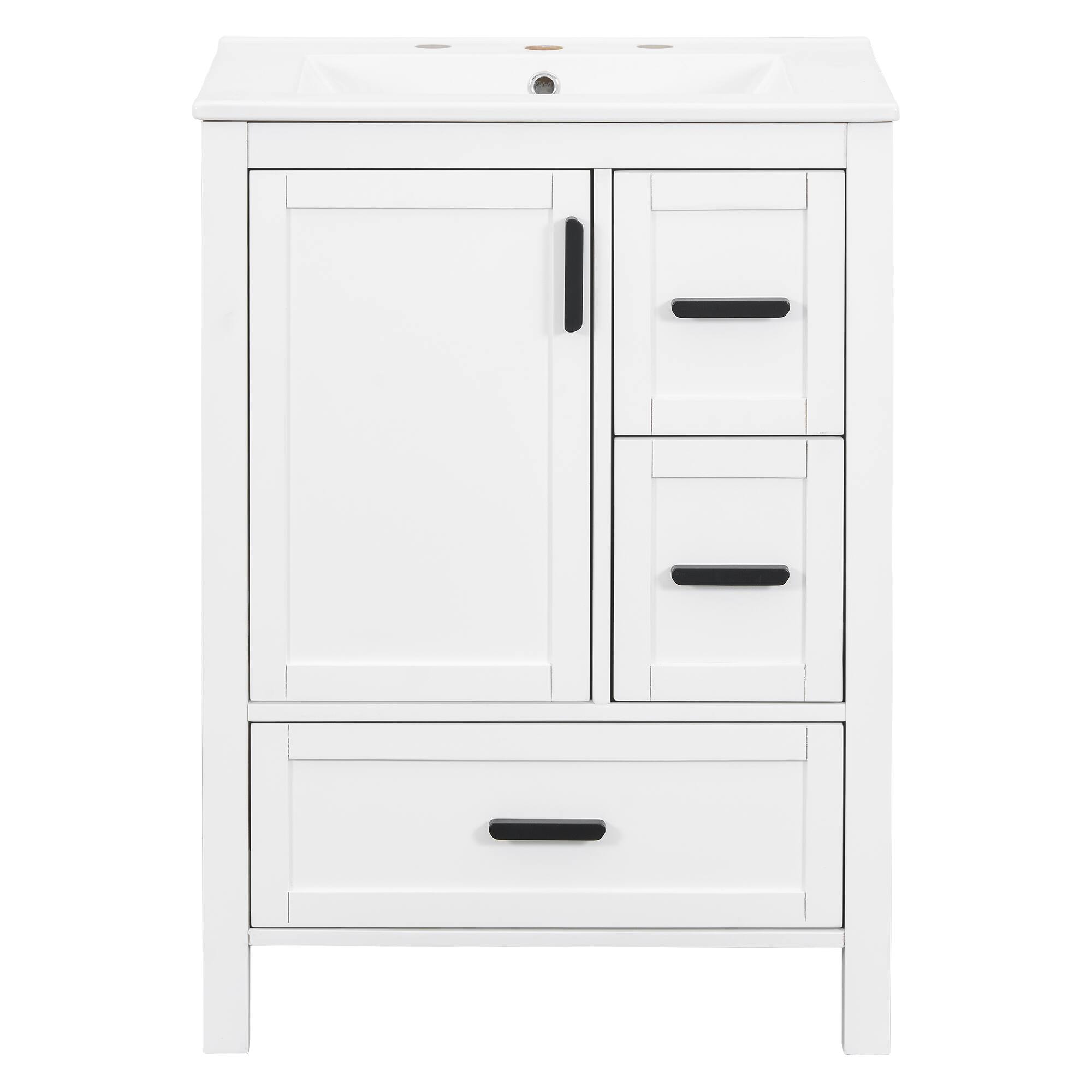 Front. Ecooso - 24" Bathroom Vanity with Ceramic Sink, Soft-Close Door, Double-Layer Door Shelf, 3 Drawers - White.