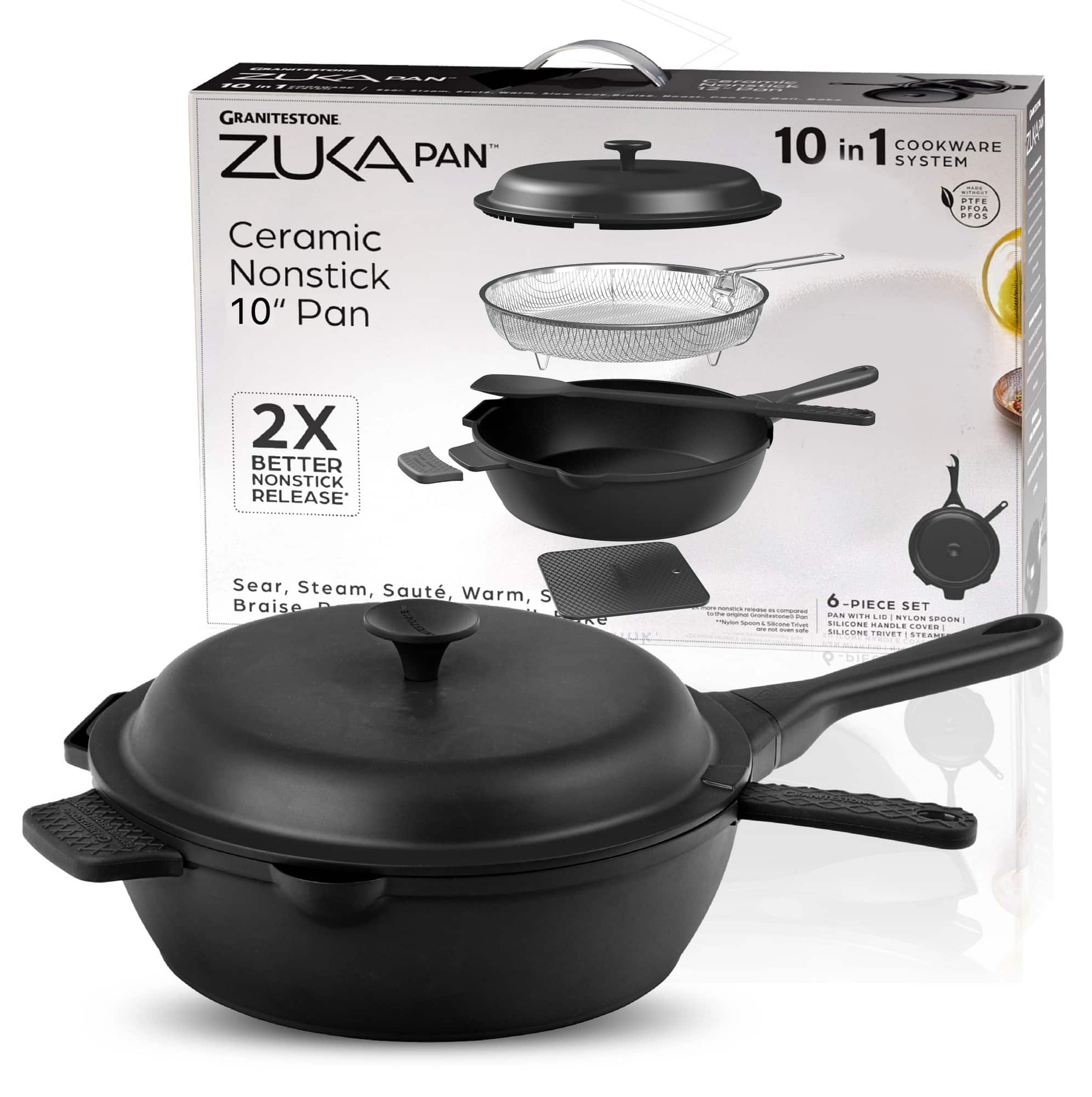 Granitestone - Zuka Everyday Pan 10" Nonstick Multi-Functional Saute Pan with Lid, Nylon Spoon and Steamer Basket - Black